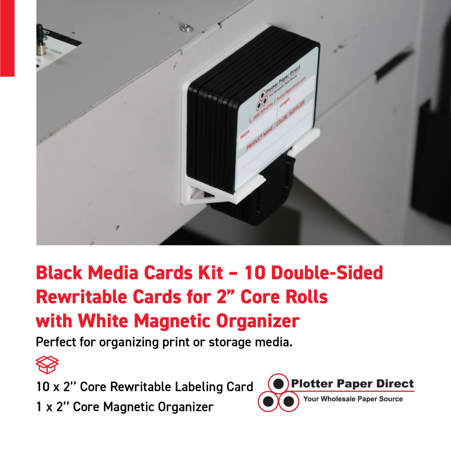 Black MediaCards Kit for Vinyl Roll Storage – 10 Writable Double-Sided Cards for 2" Core Rolls with White Magnetic Organizer – Label & Track Media Easily