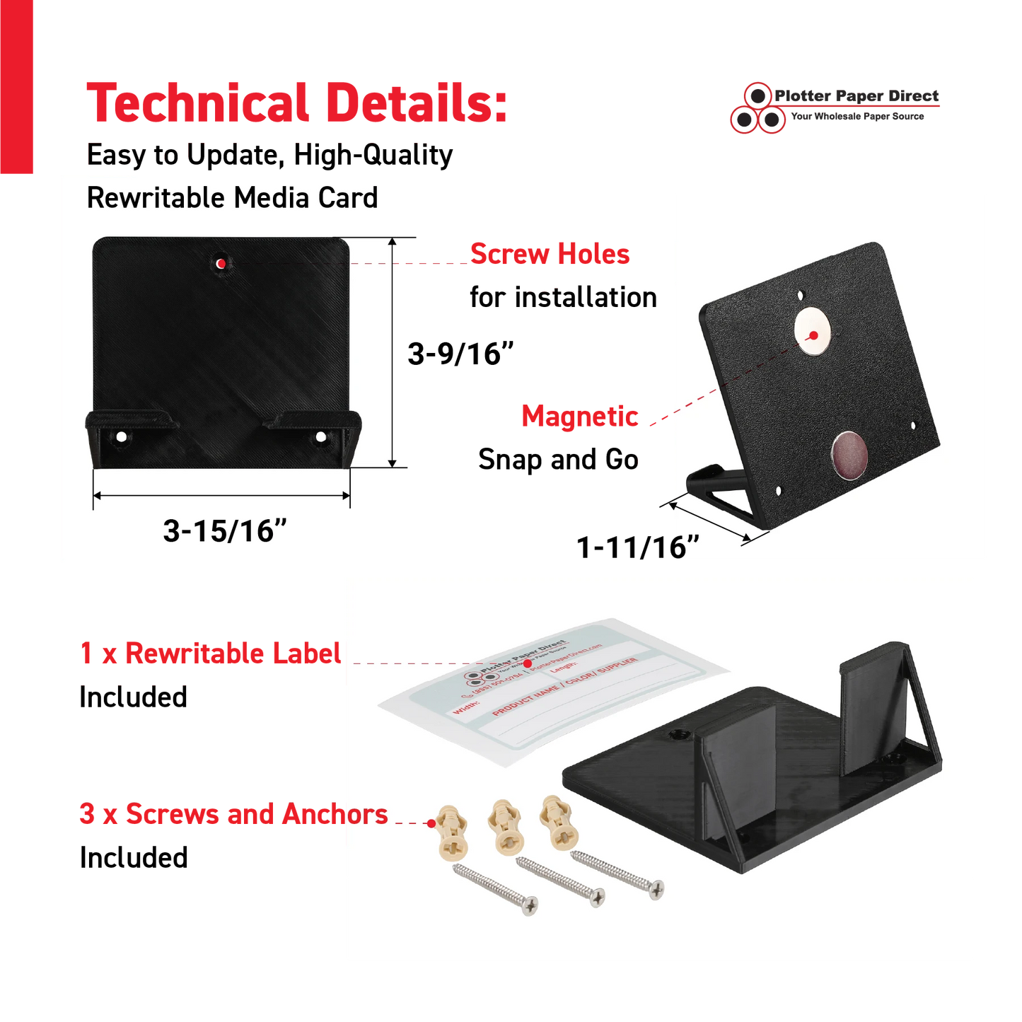 Black Magnetic MediaCards Organizer, Store up to 10 MediaCards for 2" Core