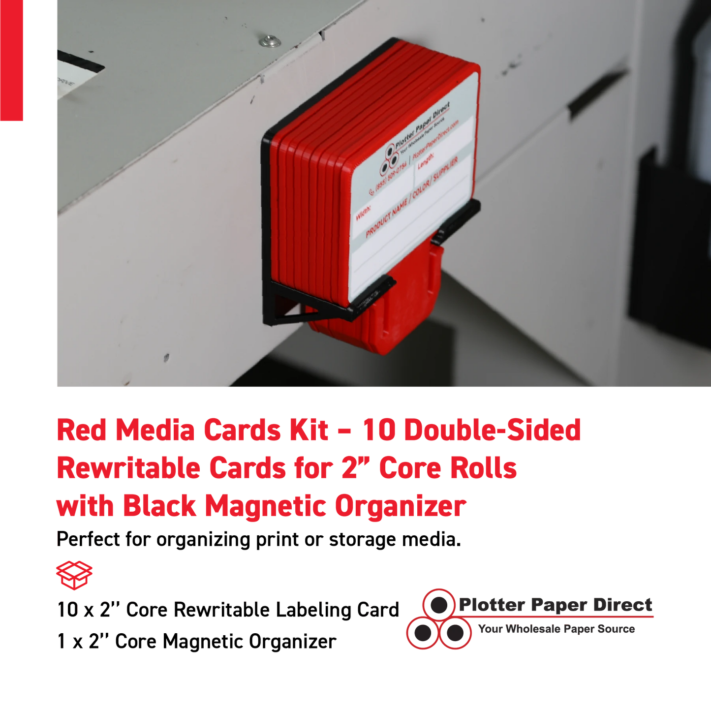 Red MediaCards Kit for Vinyl Roll Storage – 10 Writable Double-Sided Cards for 2" Core Rolls with Black Magnetic Organizer – Label & Track Media Easily