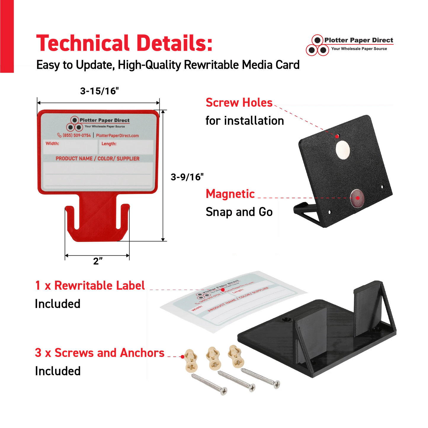 Red MediaCards Kit for Vinyl Roll Storage – 10 Writable Double-Sided Cards for 2" Core Rolls with Black Magnetic Organizer – Label & Track Media Easily