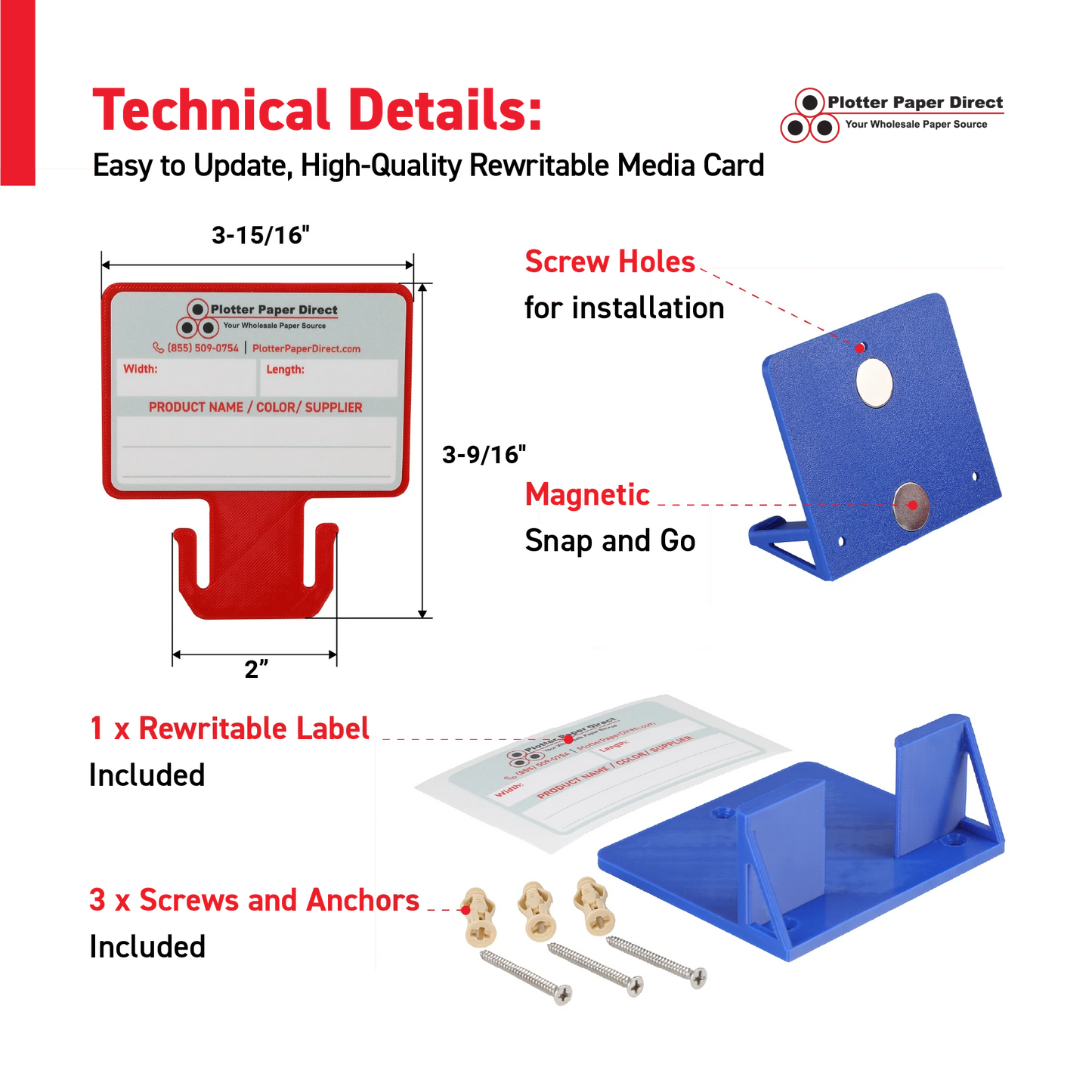 Red MediaCards Kit for Vinyl Roll Storage – 10 Writable Double-Sided Cards for 2" Core Rolls with Blue Magnetic Organizer – Label & Track Media Easily