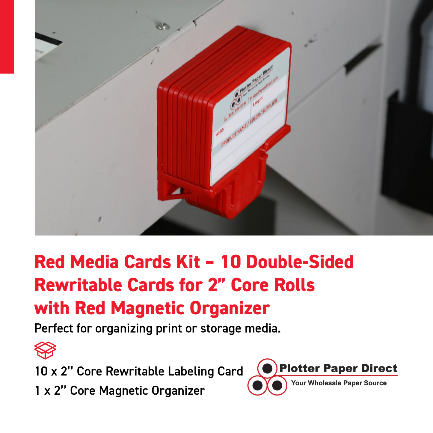 Red MediaCards Kit for Vinyl Roll Storage – 10 Writable Double-Sided Cards for 2" Core Rolls with Red Magnetic Organizer – Label & Track Media Easily