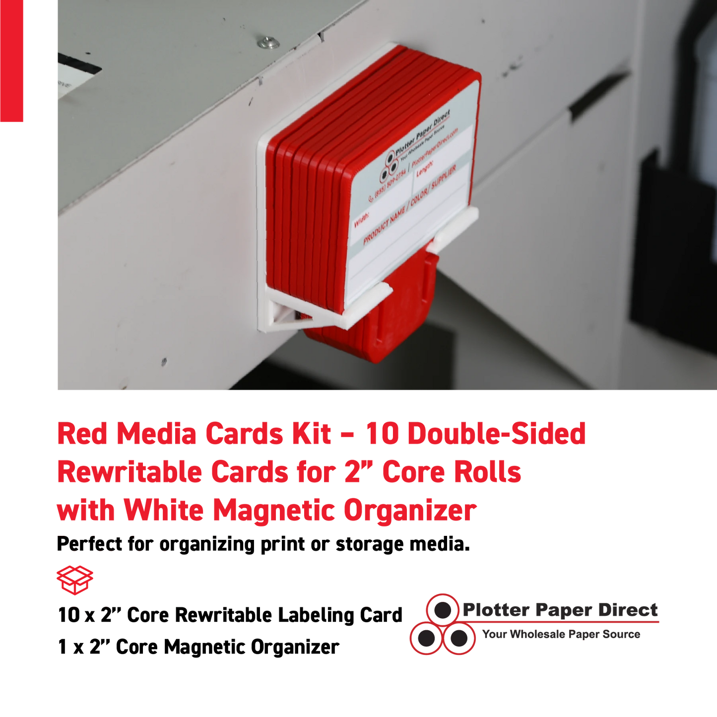 Red MediaCards Kit for Vinyl Roll Storage – 10 Writable Double-Sided Cards for 2" Core Rolls with White Magnetic Organizer – Label & Track Media Easily