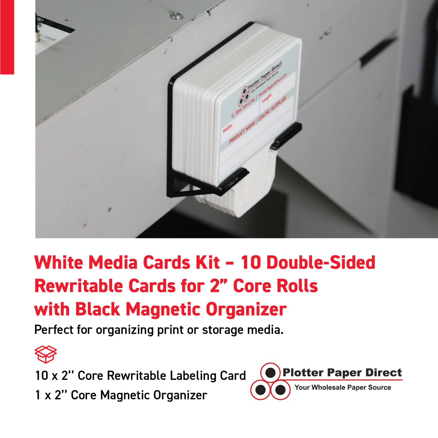 White MediaCards Kit for Vinyl Roll Storage – 10 Writable Double-Sided Cards for 2" Core Rolls with Black Magnetic Organizer – Label & Track Media Easily