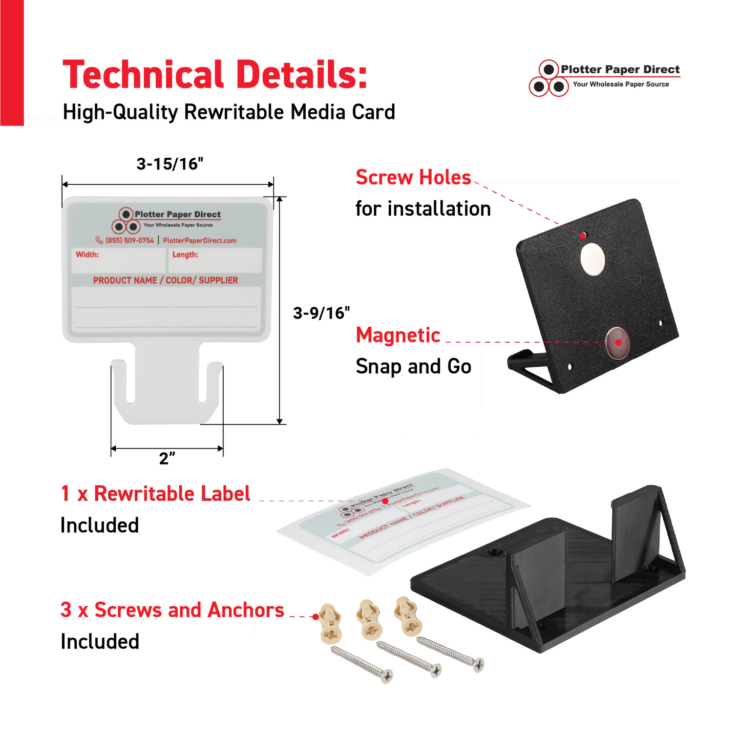 White MediaCards Kit for Vinyl Roll Storage – 10 Writable Double-Sided Cards for 2" Core Rolls with Black Magnetic Organizer – Label & Track Media Easily