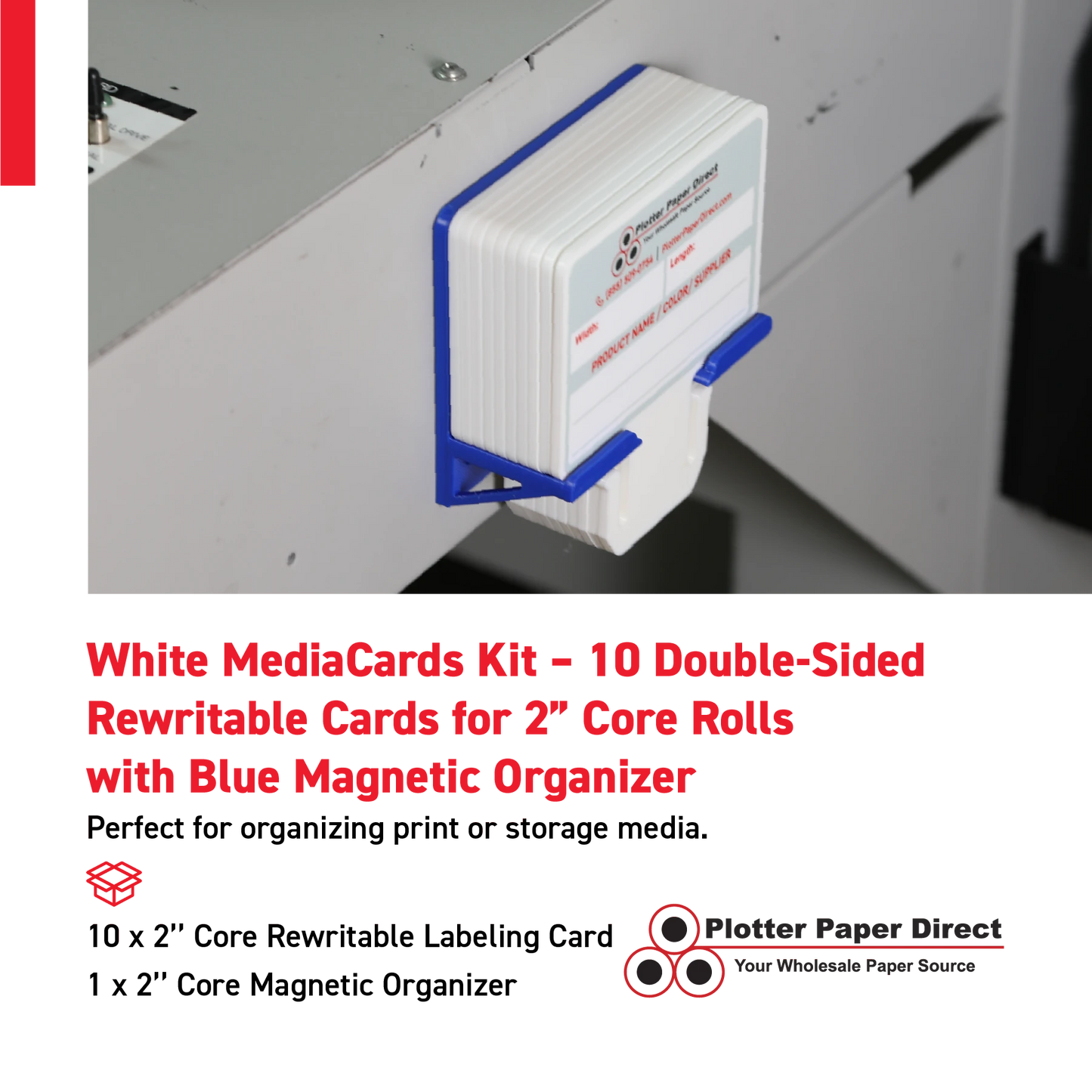 White MediaCards Kit for Vinyl Roll Storage – 10 Writable Double-Sided Cards for 2" Core Rolls with Blue Magnetic Organizer – Label & Track Media Easily
