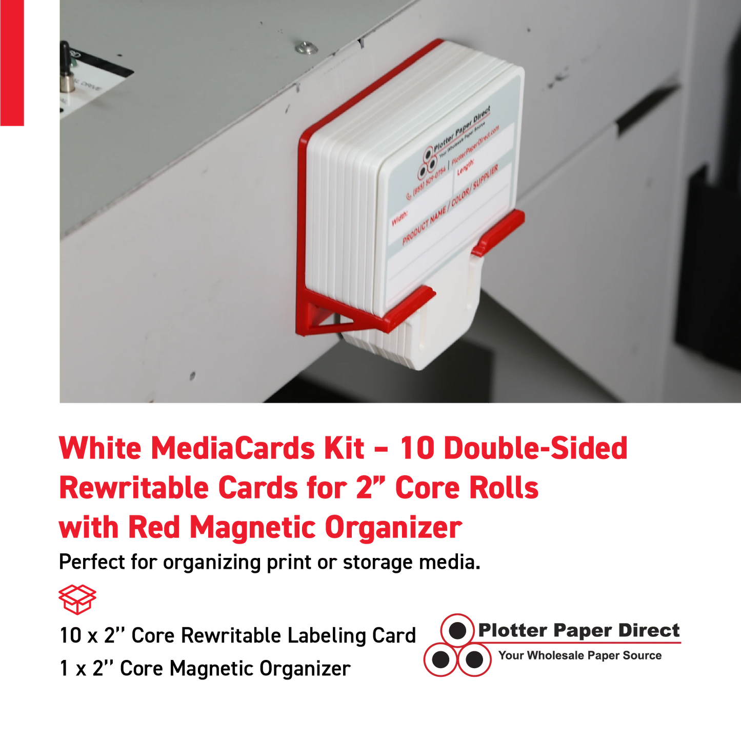 White MediaCards Kit for Vinyl Roll Storage – 10 Writable Double-Sided Cards for 2" Core Rolls with Red Magnetic Organizer – Label & Track Media Easily