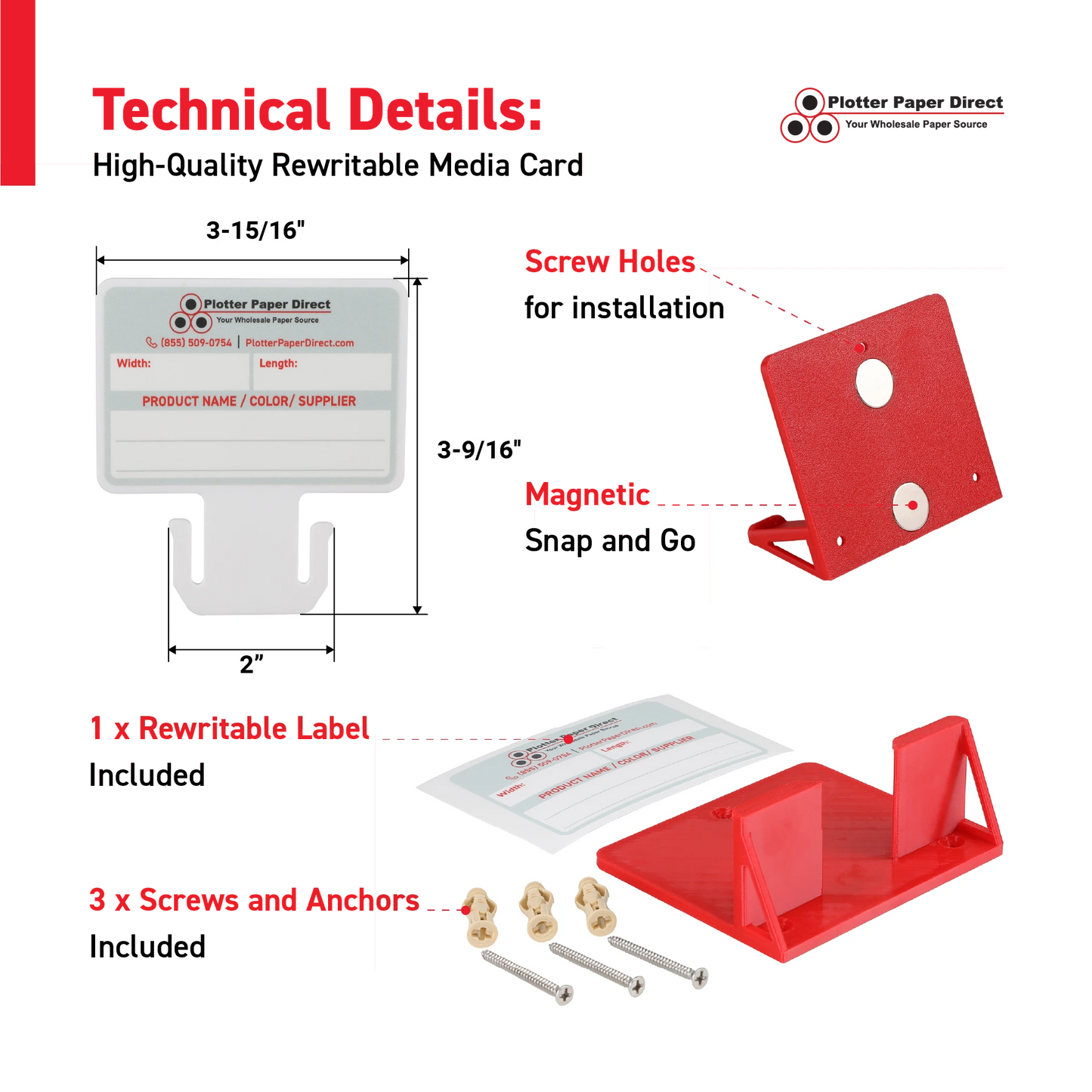 White MediaCards Kit for Vinyl Roll Storage – 10 Writable Double-Sided Cards for 2" Core Rolls with Red Magnetic Organizer – Label & Track Media Easily