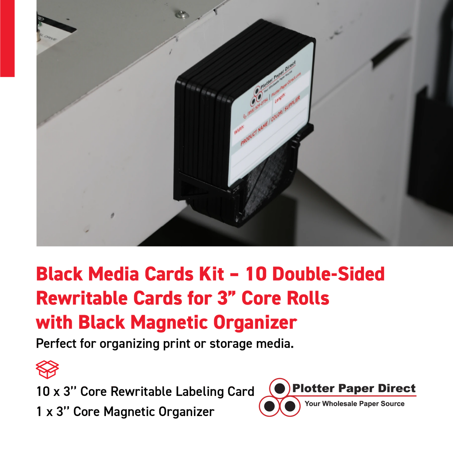 Black MediaCards Kit for Vinyl Roll Storage – 10 Writable Double-Sided Cards for 3" Core Rolls with Black Magnetic Organizer – Label & Track Media Easily