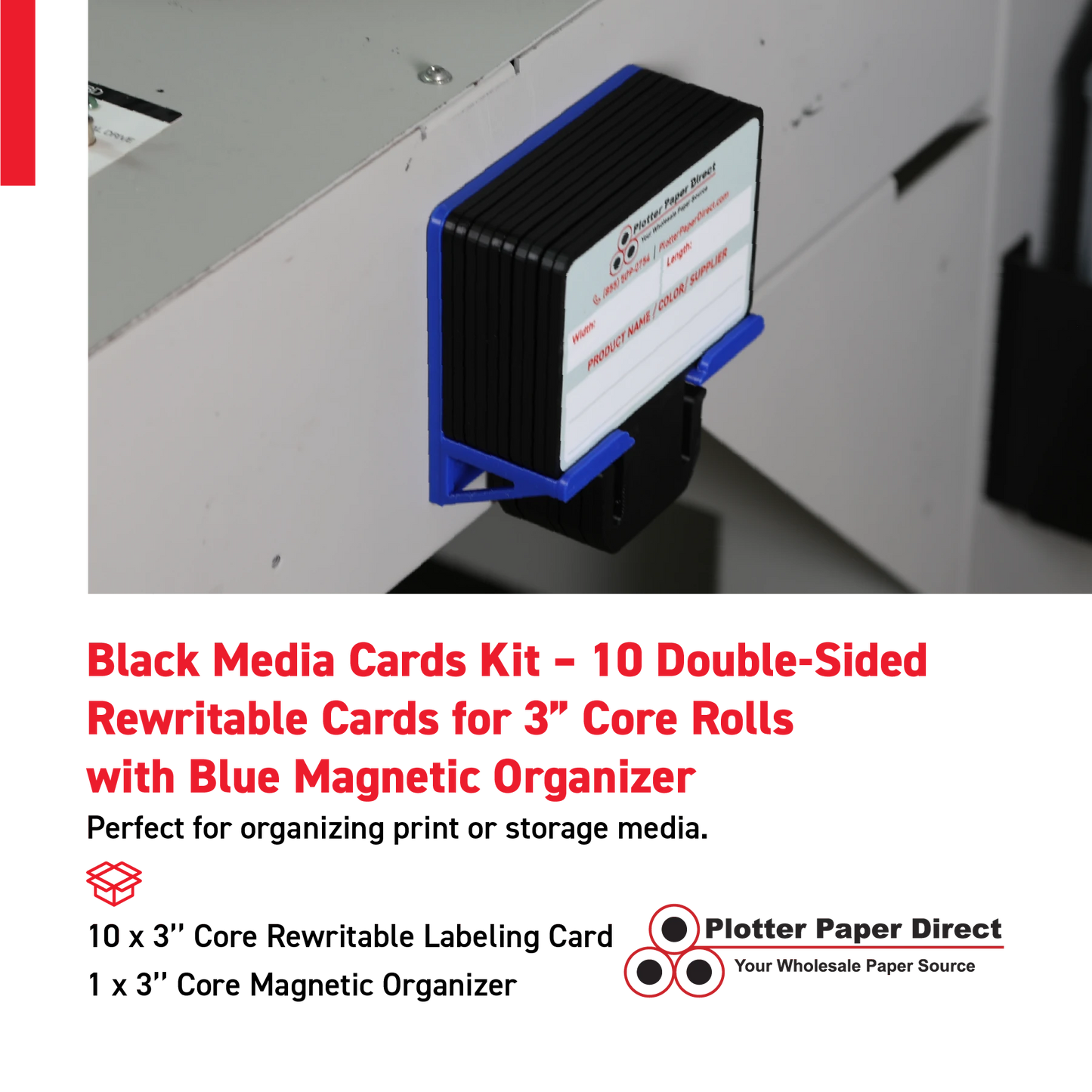 Black MediaCards Kit for Vinyl Roll Storage – 10 Writable Double-Sided Cards for 3" Core Rolls with Blue Magnetic Organizer – Label & Track Media Easily