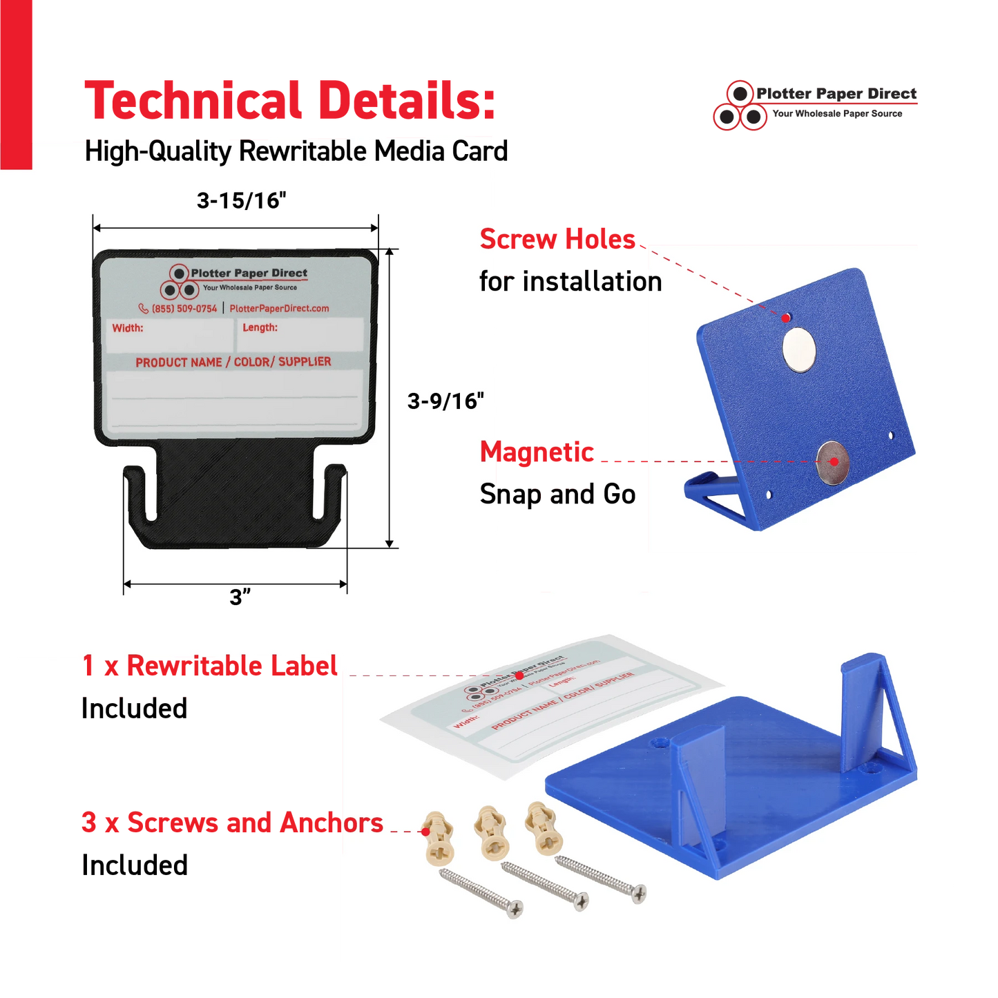 Black MediaCards Kit for Vinyl Roll Storage – 10 Writable Double-Sided Cards for 3" Core Rolls with Blue Magnetic Organizer – Label & Track Media Easily
