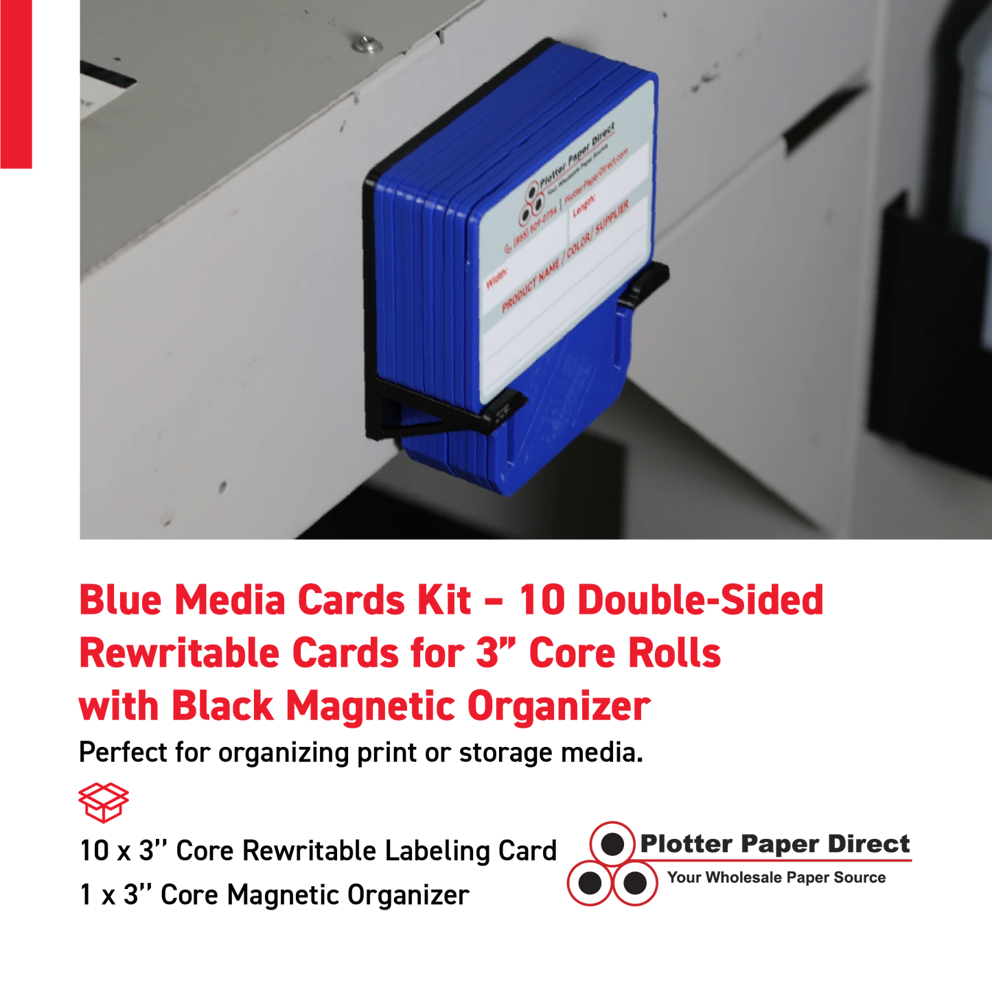 Blue MediaCards Kit for Vinyl Roll Storage – 10 Writable Double-Sided Cards for 3" Core Rolls with Black Magnetic Organizer – Label & Track Media Easily
