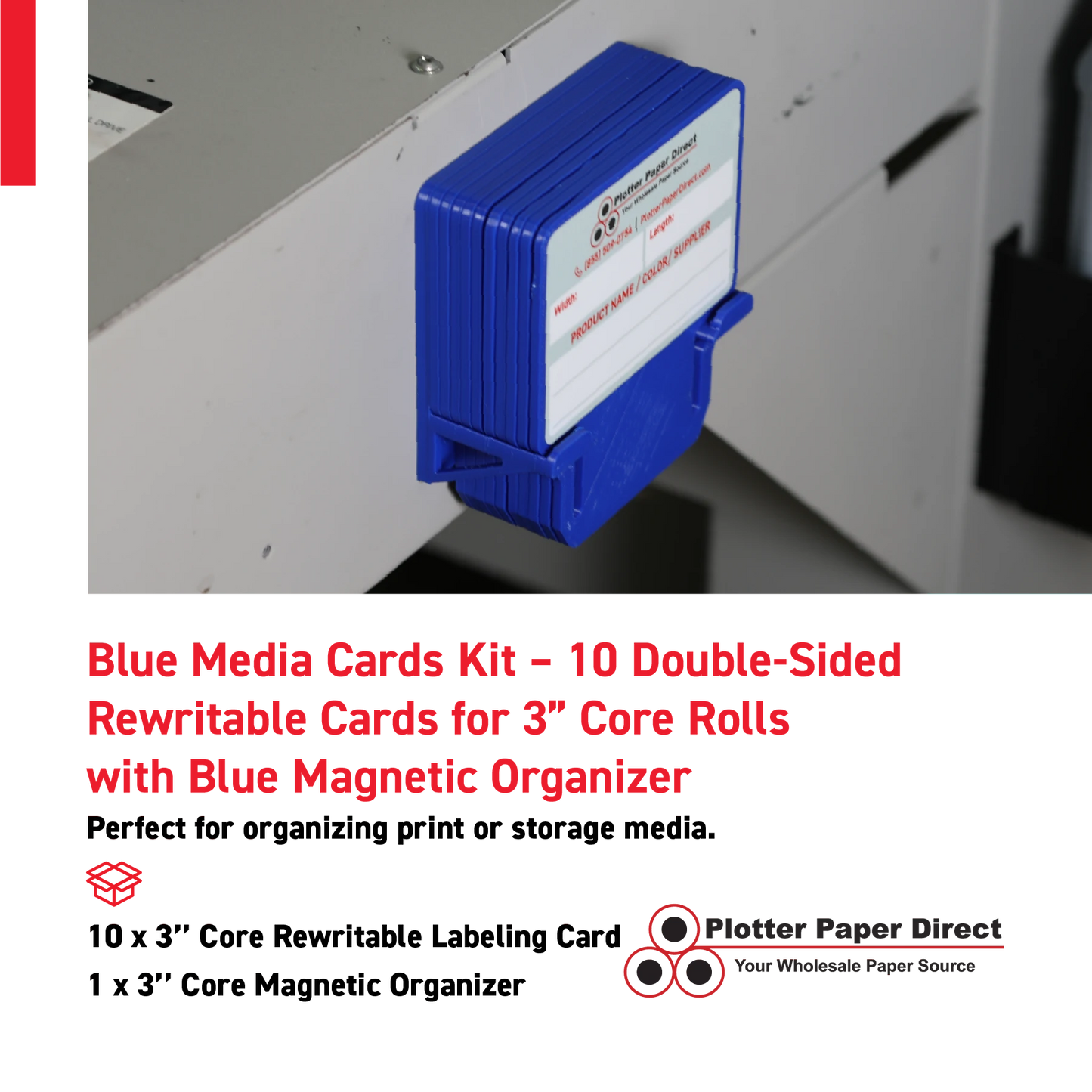 Blue MediaCards Kit for Vinyl Roll Storage – 10 Writable Double-Sided Cards for 3" Core Rolls with Blue Magnetic Organizer – Label & Track Media Easily