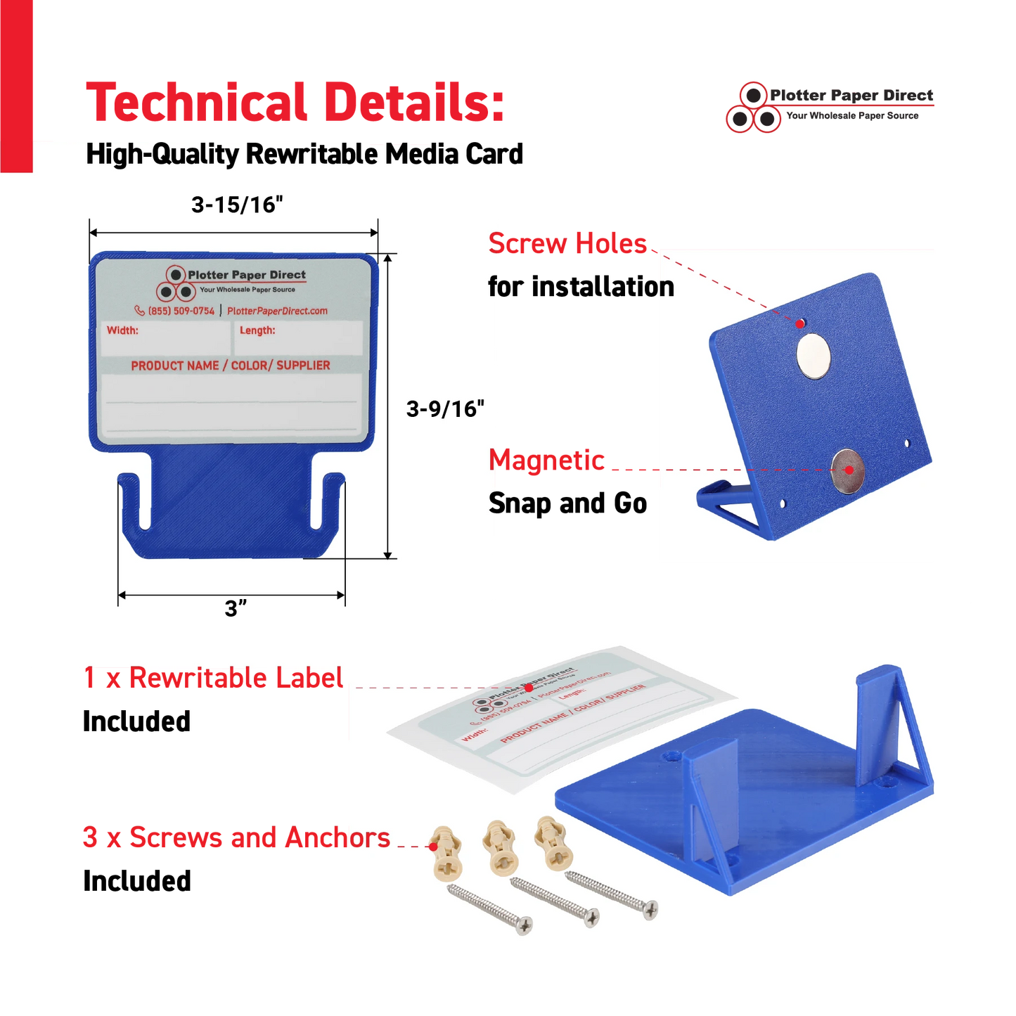 Blue MediaCards Kit for Vinyl Roll Storage – 10 Writable Double-Sided Cards for 3" Core Rolls with Blue Magnetic Organizer – Label & Track Media Easily