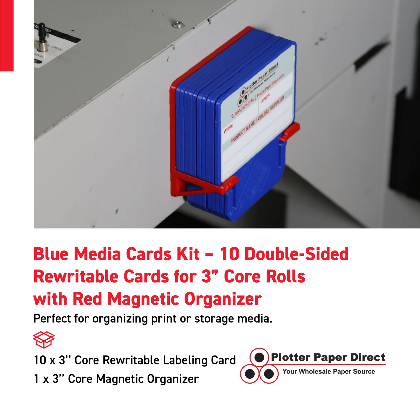 Blue MediaCards Kit for Vinyl Roll Storage – 10 Writable Double-Sided Cards for 3" Core Rolls with Red Magnetic Organizer – Label & Track Media Easily