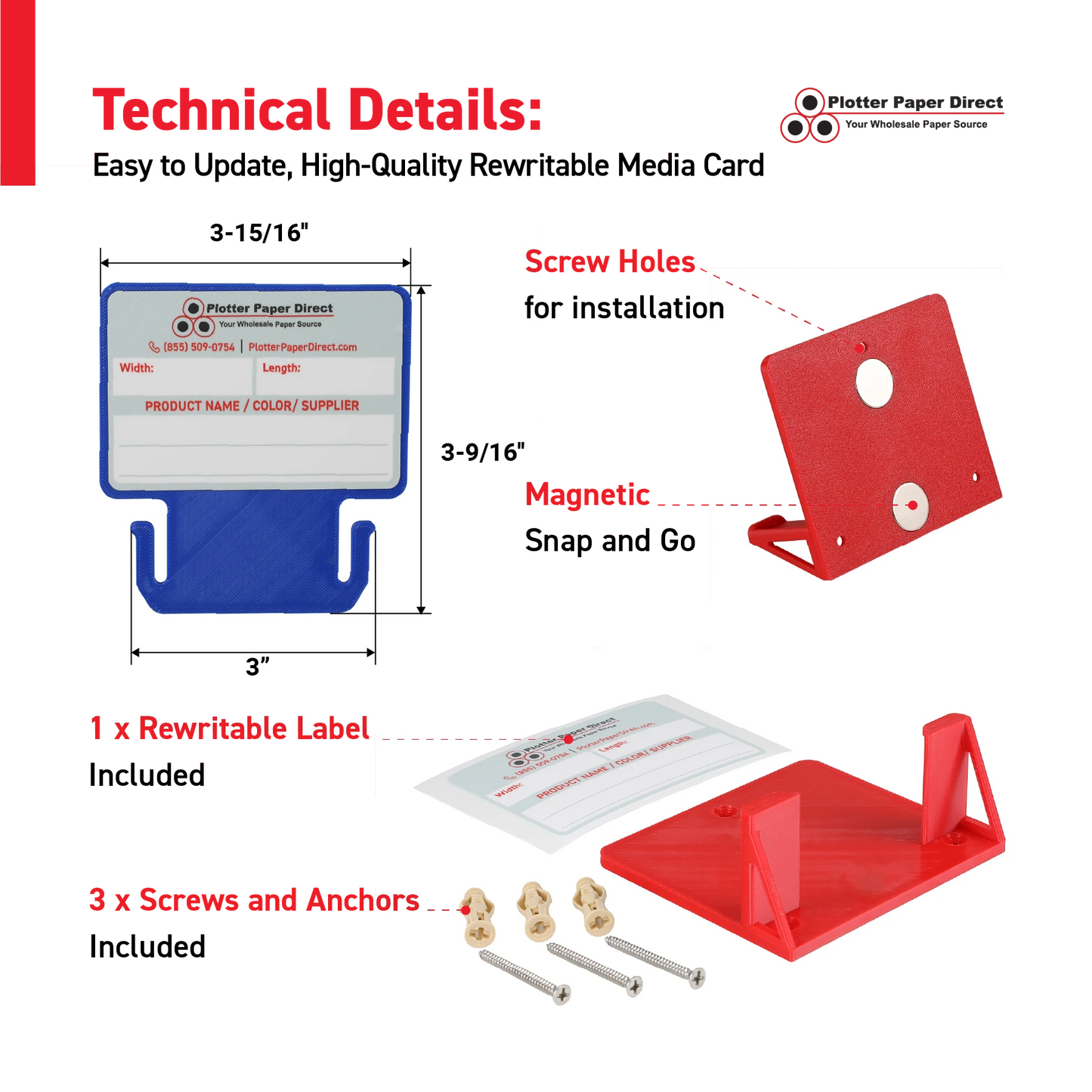 Blue MediaCards Kit for Vinyl Roll Storage – 10 Writable Double-Sided Cards for 3" Core Rolls with Red Magnetic Organizer – Label & Track Media Easily