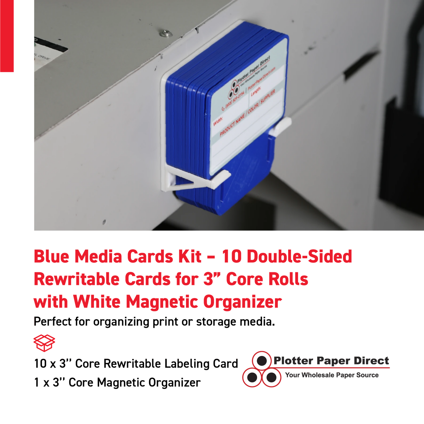Blue MediaCards Kit for Vinyl Roll Storage – 10 Writable Double-Sided Cards for 3" Core Rolls with White Magnetic Organizer – Label & Track Media Easily