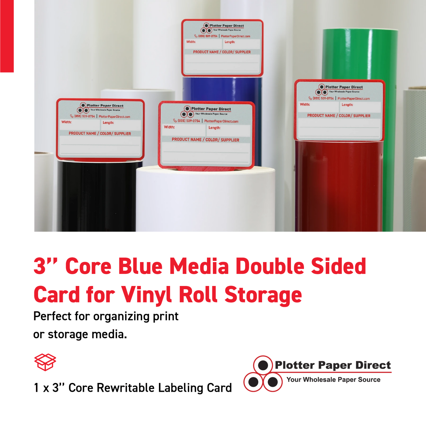 Blue MediaCards for Vinyl Roll Storage – Writable Labeling Cards for 3" Core Rolls – Double-Sided Design with Fields for Product & Order Info