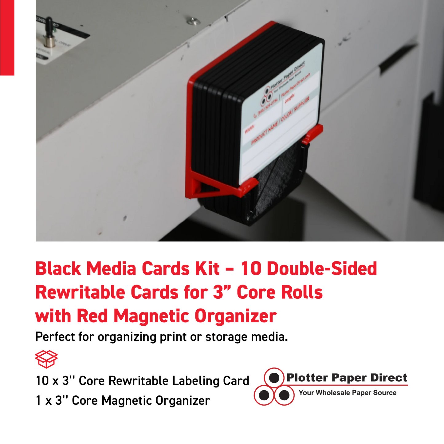Black MediaCards Kit for Vinyl Roll Storage – 10 Writable Double-Sided Cards for 3" Core Rolls with Red Magnetic Organizer – Label & Track Media Easily
