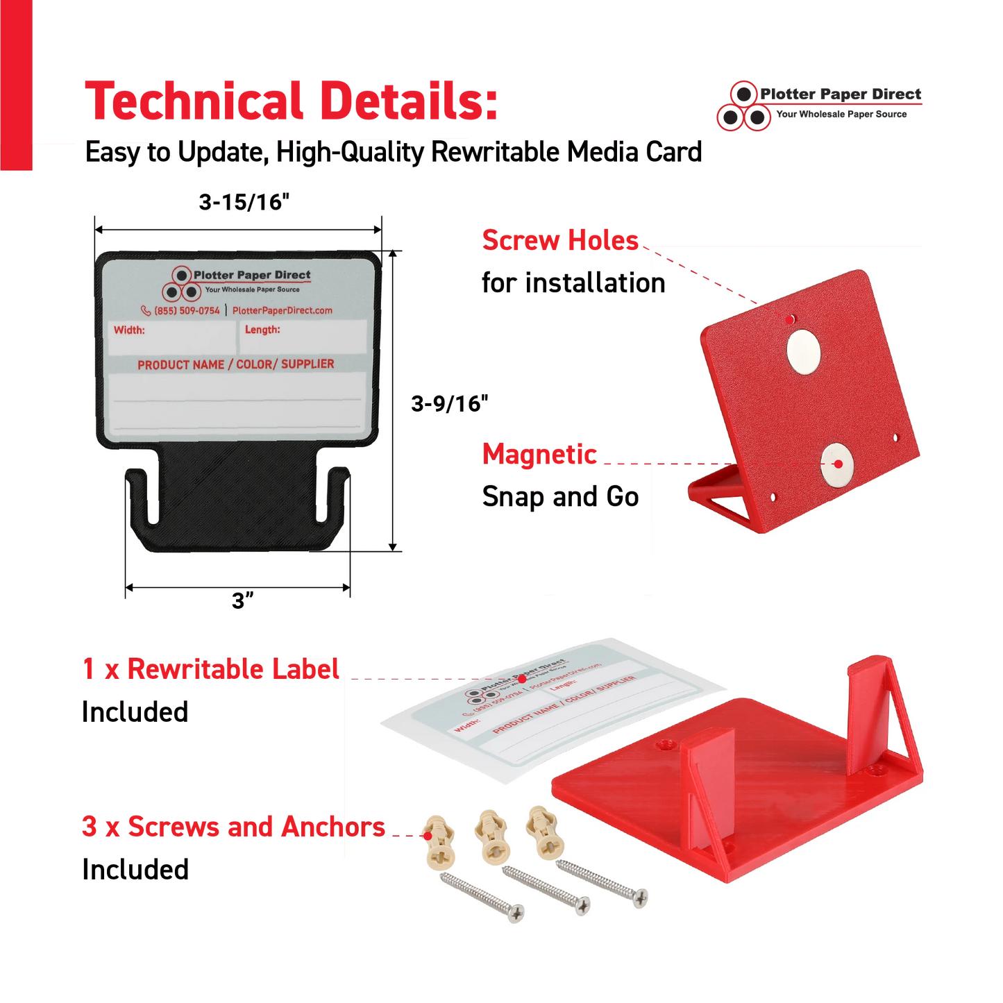 Black MediaCards Kit for Vinyl Roll Storage – 10 Writable Double-Sided Cards for 3" Core Rolls with Red Magnetic Organizer – Label & Track Media Easily