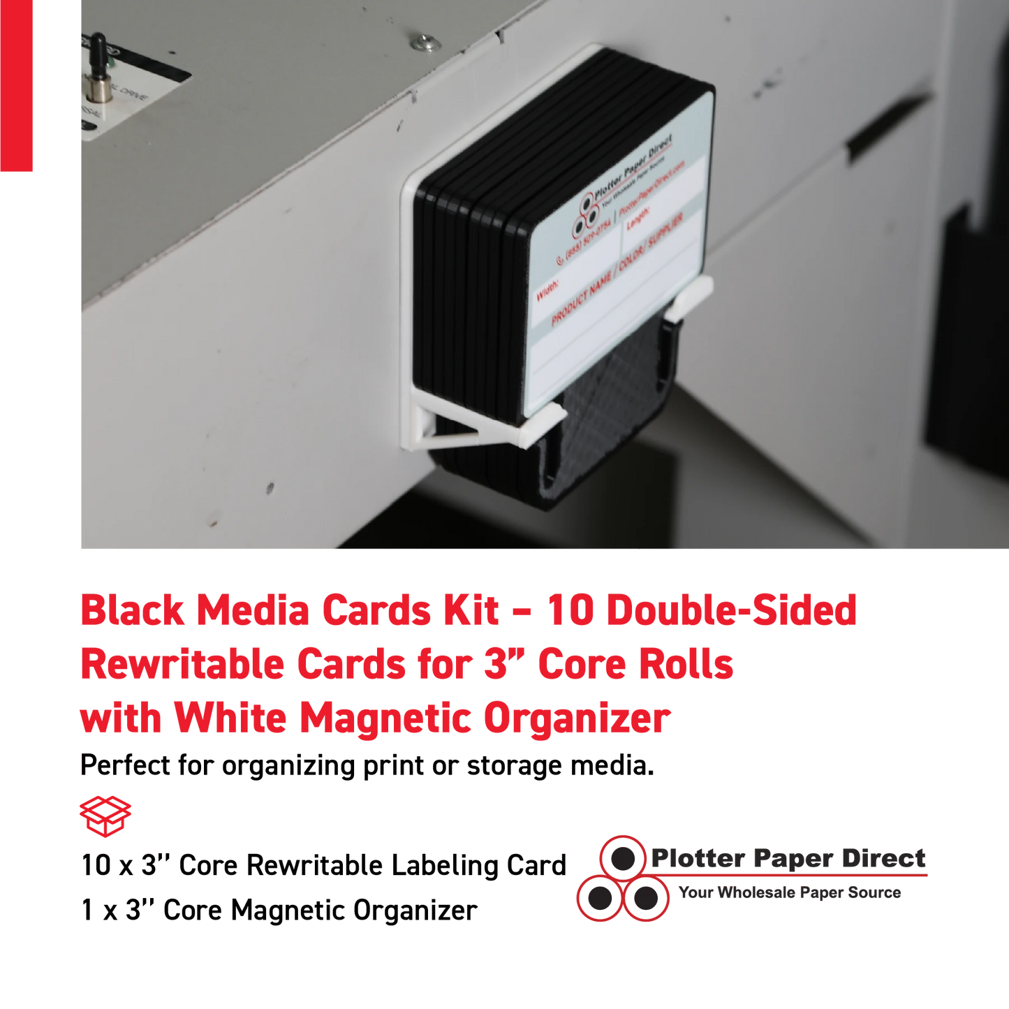 Black MediaCards Kit for Vinyl Roll Storage – 10 Writable Double-Sided Cards for 3" Core Rolls with White Magnetic Organizer – Label & Track Media Easily