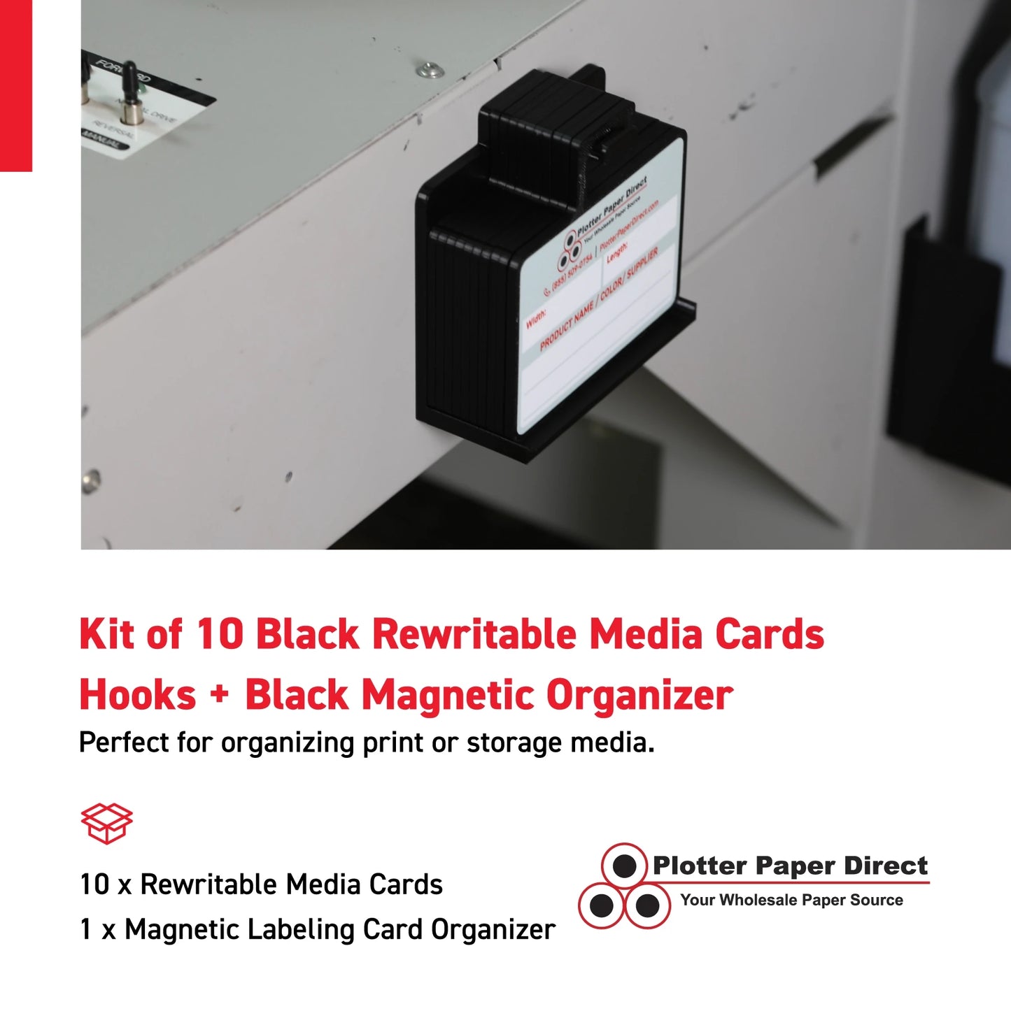 Kit of 10 Black Rewritable MediaCards Hooks + Black Magnetic Wall Organizer – Dry-Erase Labeling Kit for Vinyl Roll Storage in Print & Sign Shops