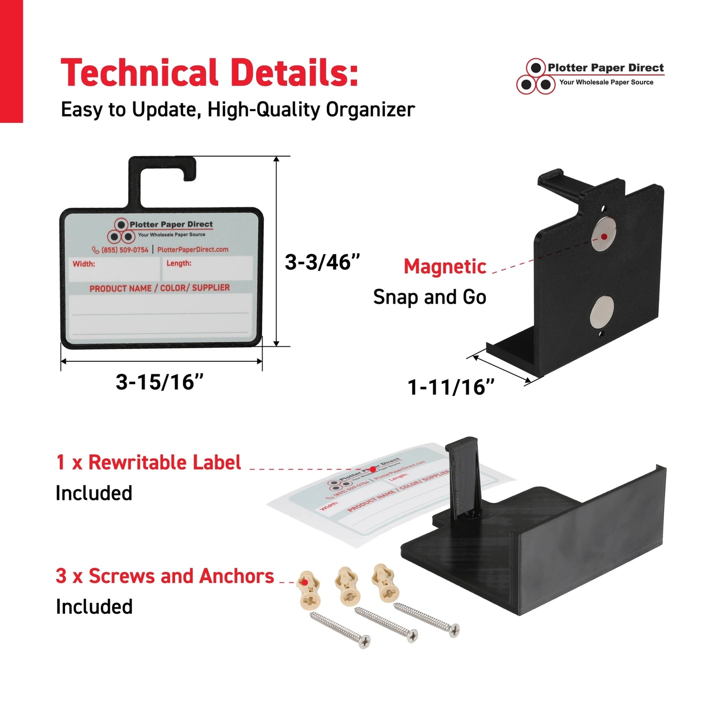 Kit of 10 Black Rewritable MediaCards Hooks + Black Magnetic Wall Organizer – Dry-Erase Labeling Kit for Vinyl Roll Storage in Print & Sign Shops