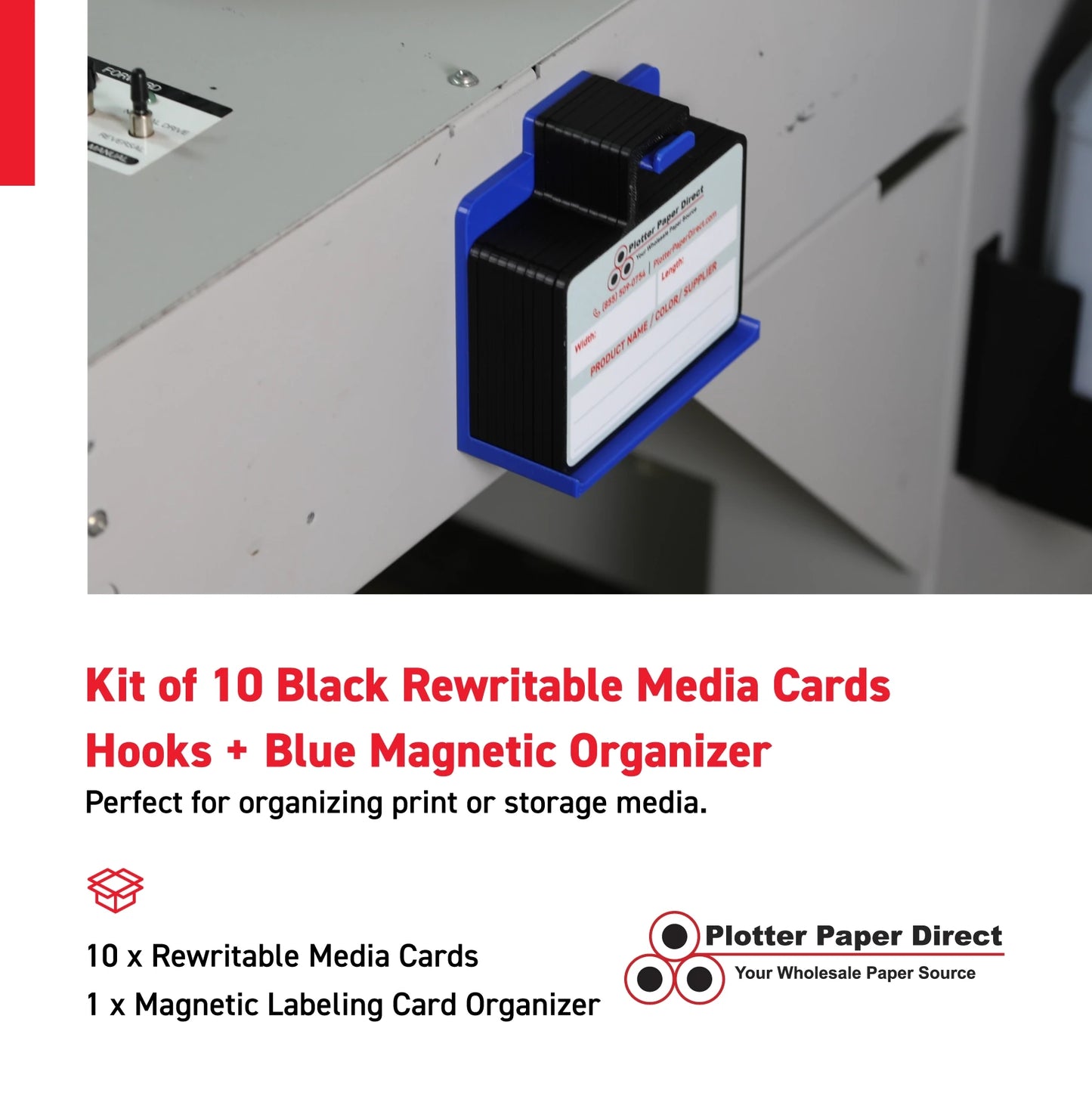 Kit of 10 Black Rewritable MediaCards Hooks + Blue Magnetic Wall Organizer – Dry-Erase Labeling Kit for Vinyl Roll Storage in Print & Sign Shops