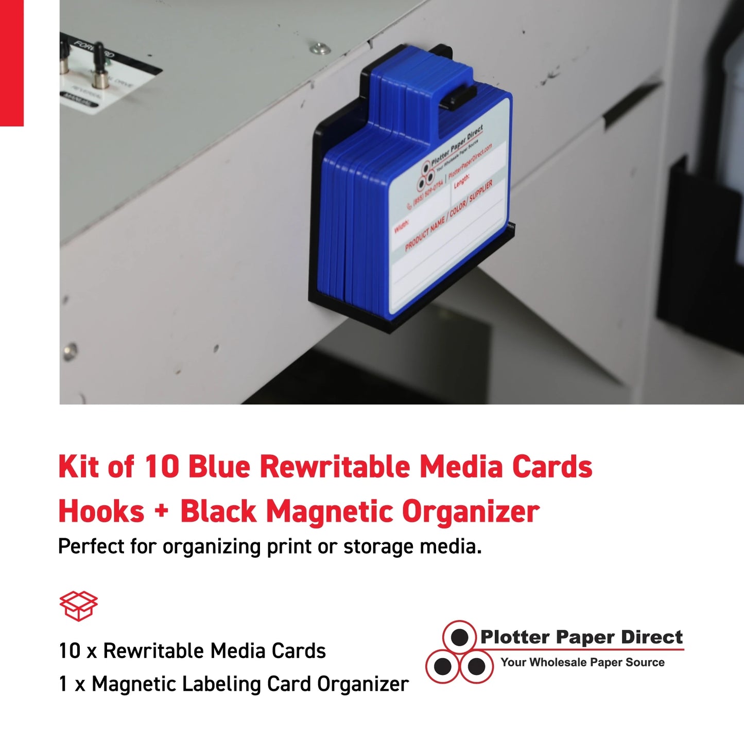 Kit of 10 Blue Rewritable MediaCards Hooks + Black Magnetic Wall Organizer – Dry-Erase Labeling Kit for Vinyl Roll Storage in Print & Sign Shops