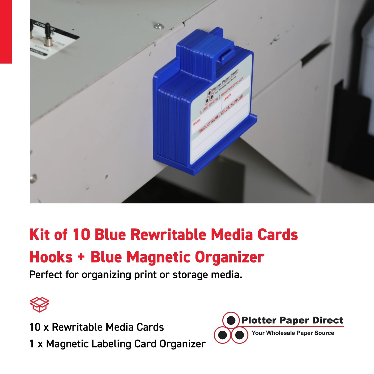 Kit of 10 Blue Rewritable MediaCards Hooks + Blue Magnetic Wall Organizer – Dry-Erase Labeling Kit for Vinyl Roll Storage in Print & Sign Shops