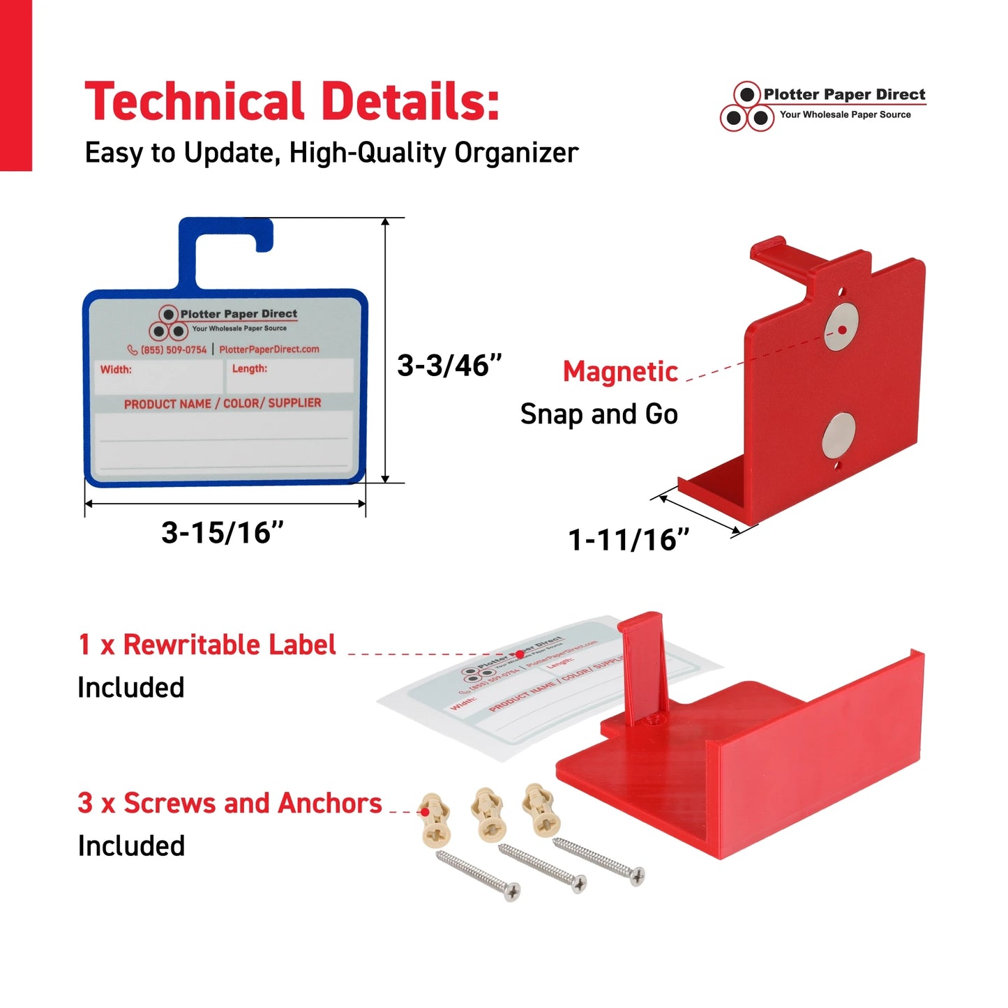 Kit of 10 Blue Rewritable MediaCards Hooks + Red Magnetic Wall Organizer – Dry-Erase Labeling Kit for Vinyl Roll Storage in Print & Sign Shops