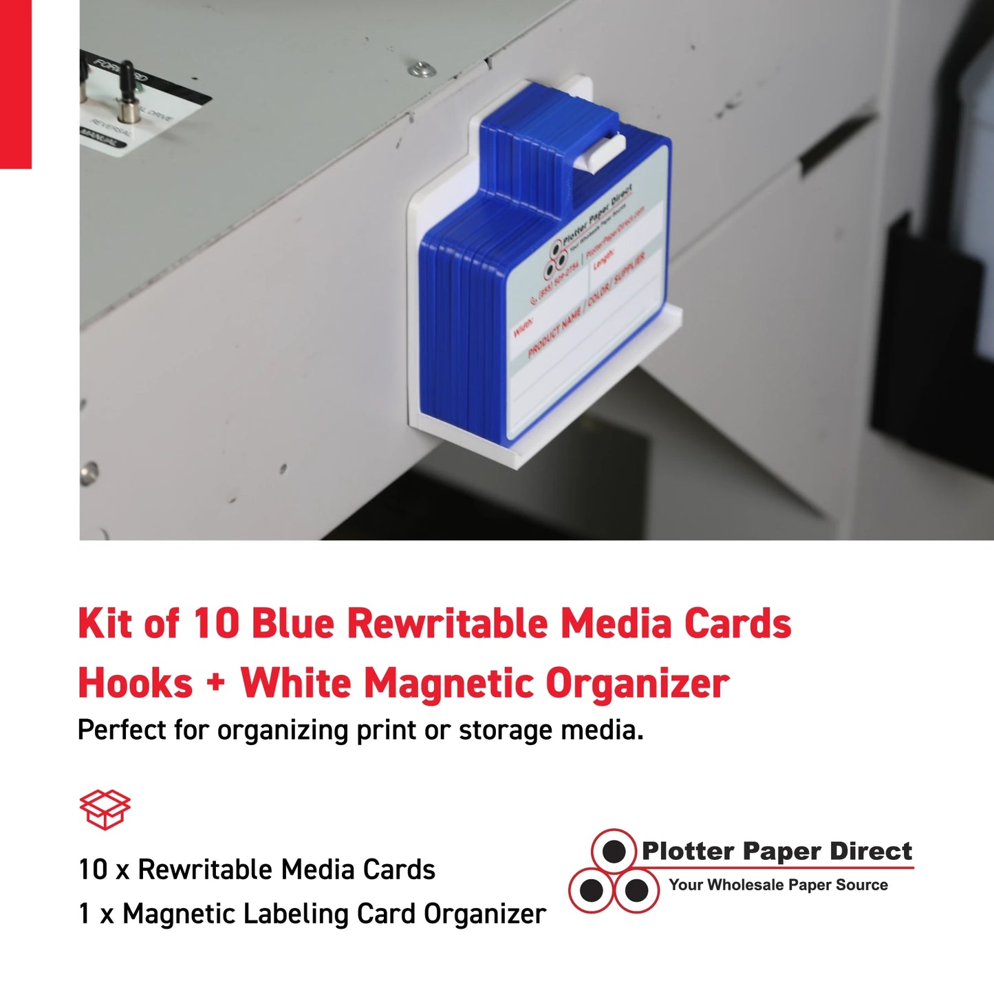 Kit of 10 Blue Rewritable MediaCards Hooks + White Magnetic Wall Organizer – Dry-Erase Labeling Kit for Vinyl Roll Storage in Print & Sign Shops