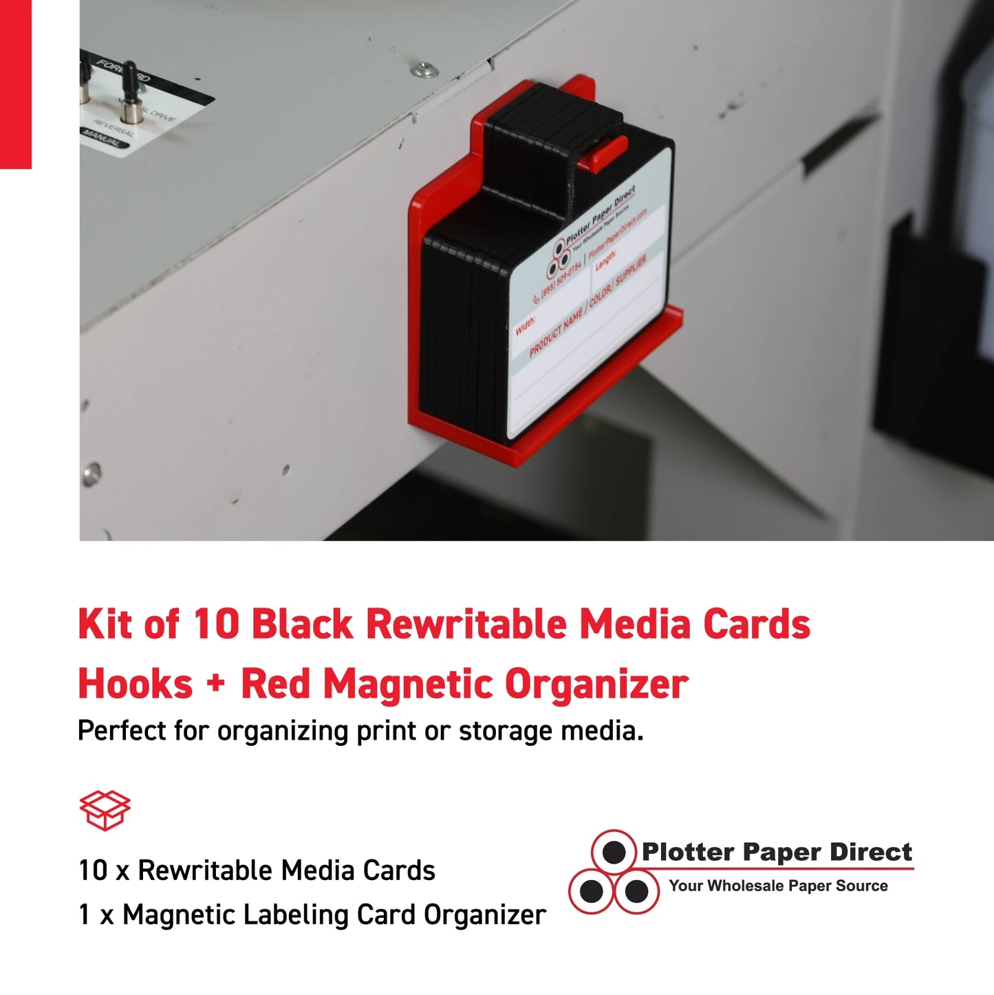 Kit of 10 Black Rewritable MediaCards Hooks + Red Magnetic Wall Organizer – Dry-Erase Labeling Kit for Vinyl Roll Storage in Print & Sign Shops