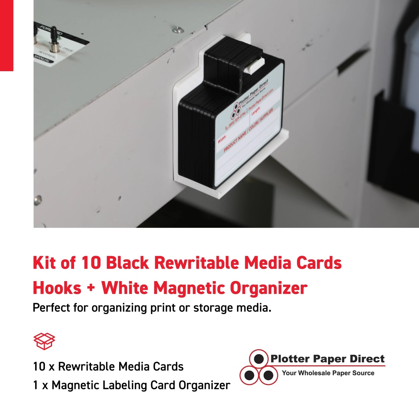 Kit of 10 Black Rewritable MediaCards Hooks + White Magnetic Wall Organizer – Dry-Erase Labeling Kit for Vinyl Roll Storage in Print & Sign Shops