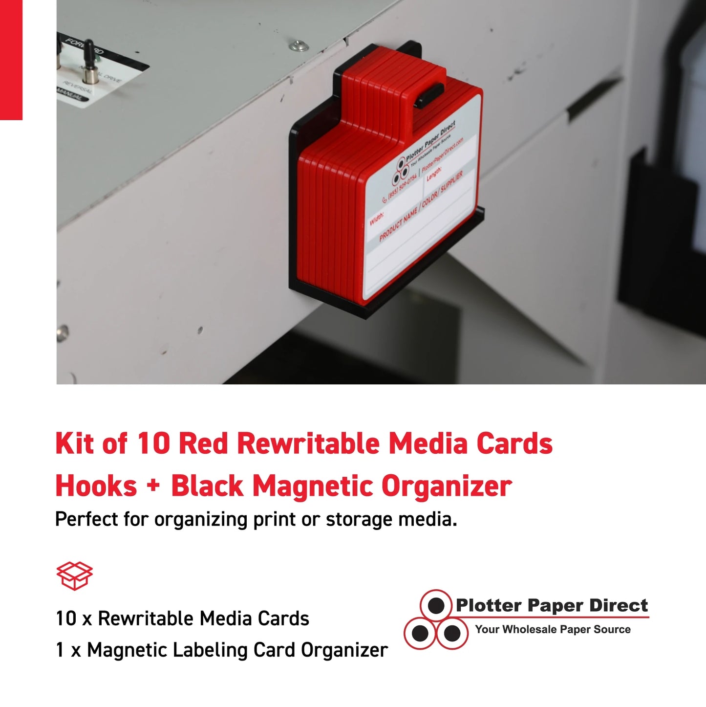 Kit of 10 Red Rewritable MediaCards Hooks + Black Magnetic Wall Organizer – Dry-Erase Labeling Kit for Vinyl Roll Storage in Print & Sign Shops