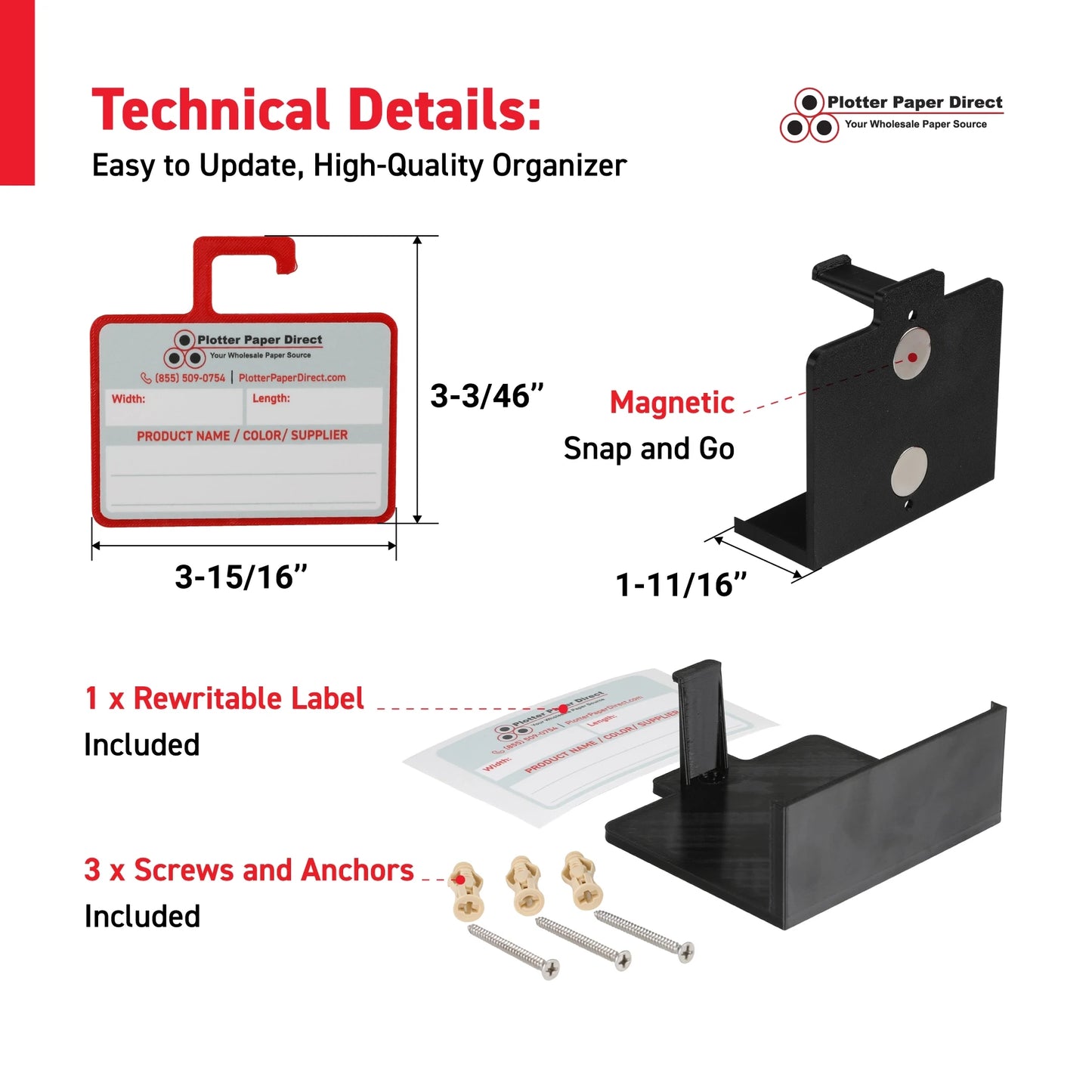 Kit of 10 Red Rewritable MediaCards Hooks + Black Magnetic Wall Organizer – Dry-Erase Labeling Kit for Vinyl Roll Storage in Print & Sign Shops