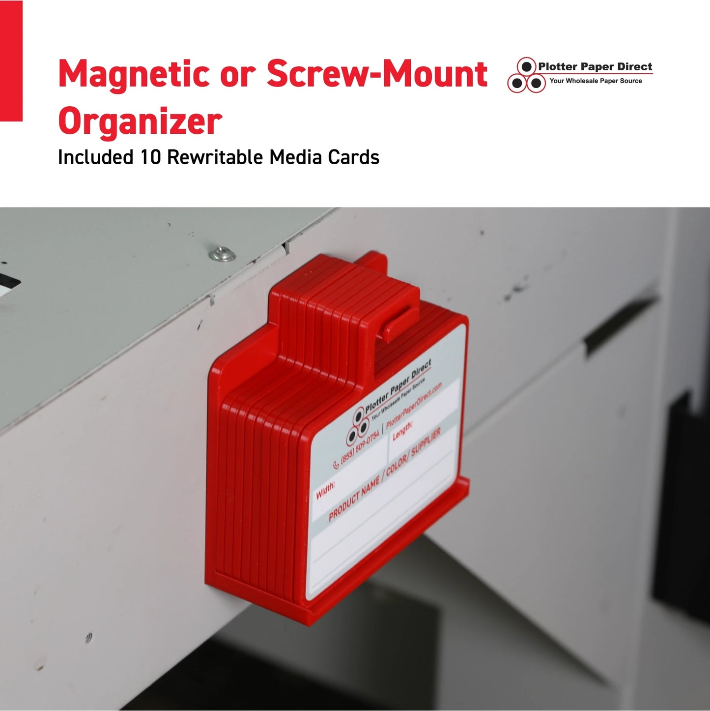 Kit of 10 Red Rewritable MediaCards Hooks + Black Magnetic Wall Organizer – Dry-Erase Labeling Kit for Vinyl Roll Storage in Print & Sign Shops