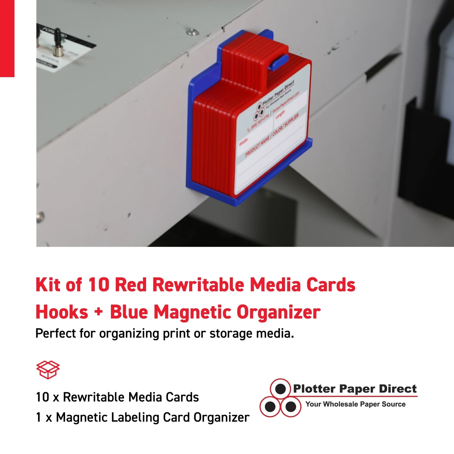 Kit of 10 Red Rewritable MediaCards Hooks + Blue Magnetic Wall Organizer – Dry-Erase Labeling Kit for Vinyl Roll Storage in Print & Sign Shops