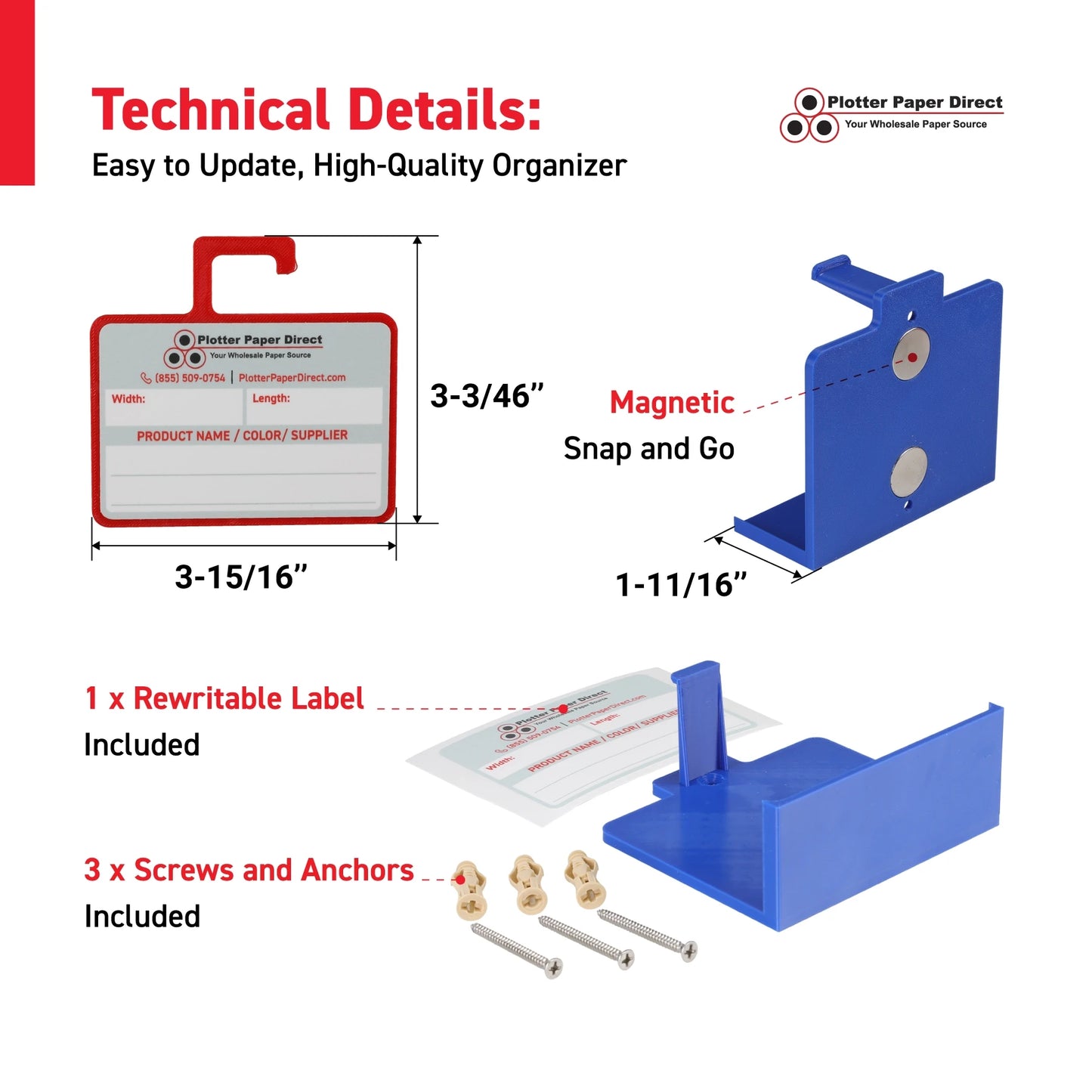 Kit of 10 Red Rewritable MediaCards Hooks + Blue Magnetic Wall Organizer – Dry-Erase Labeling Kit for Vinyl Roll Storage in Print & Sign Shops