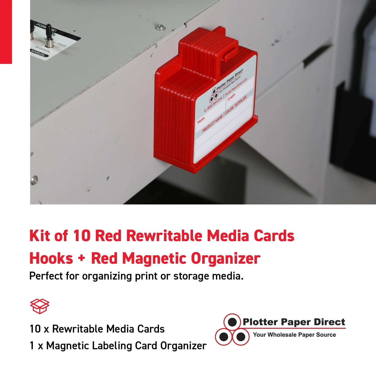 Kit of 10 Red Rewritable MediaCards Hooks + Red Magnetic Wall Organizer – Dry-Erase Labeling Kit for Vinyl Roll Storage in Print & Sign Shops