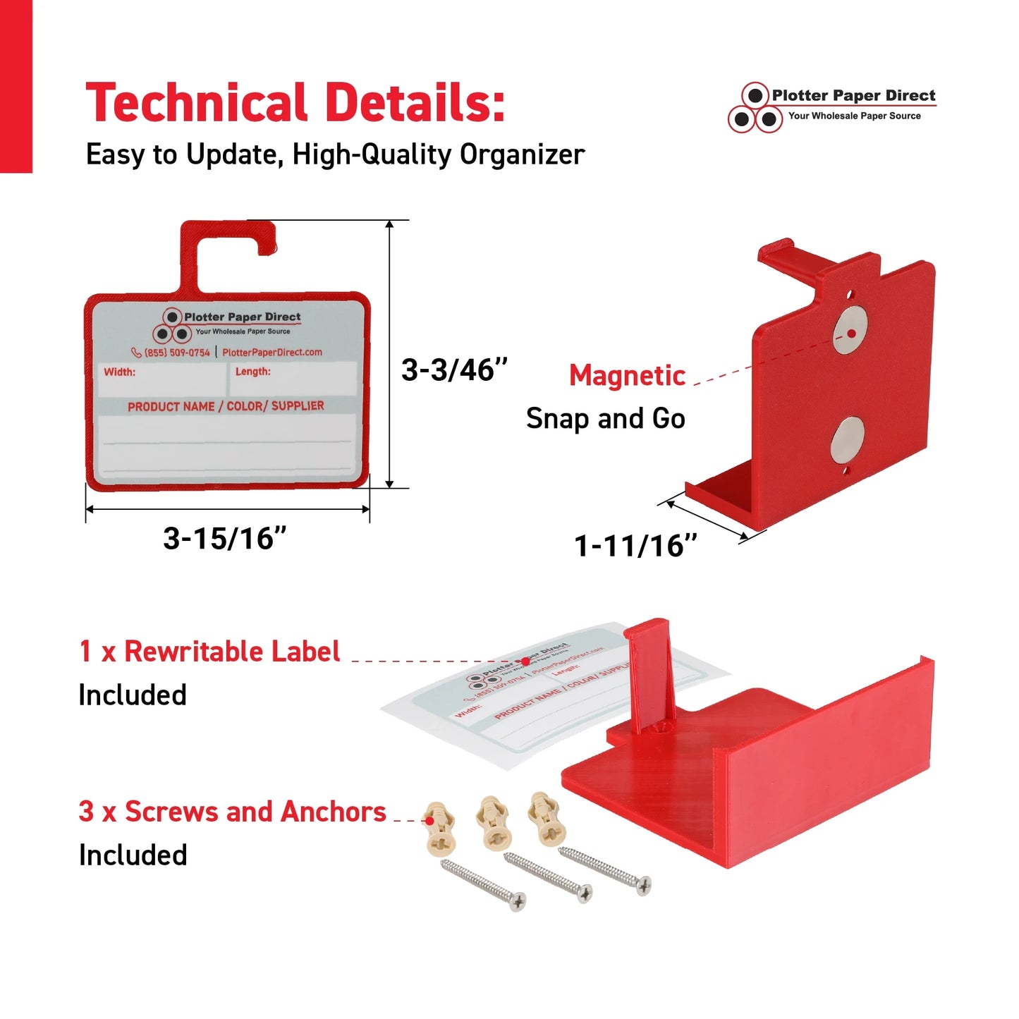 Kit of 10 Red Rewritable MediaCards Hooks + Red Magnetic Wall Organizer – Dry-Erase Labeling Kit for Vinyl Roll Storage in Print & Sign Shops