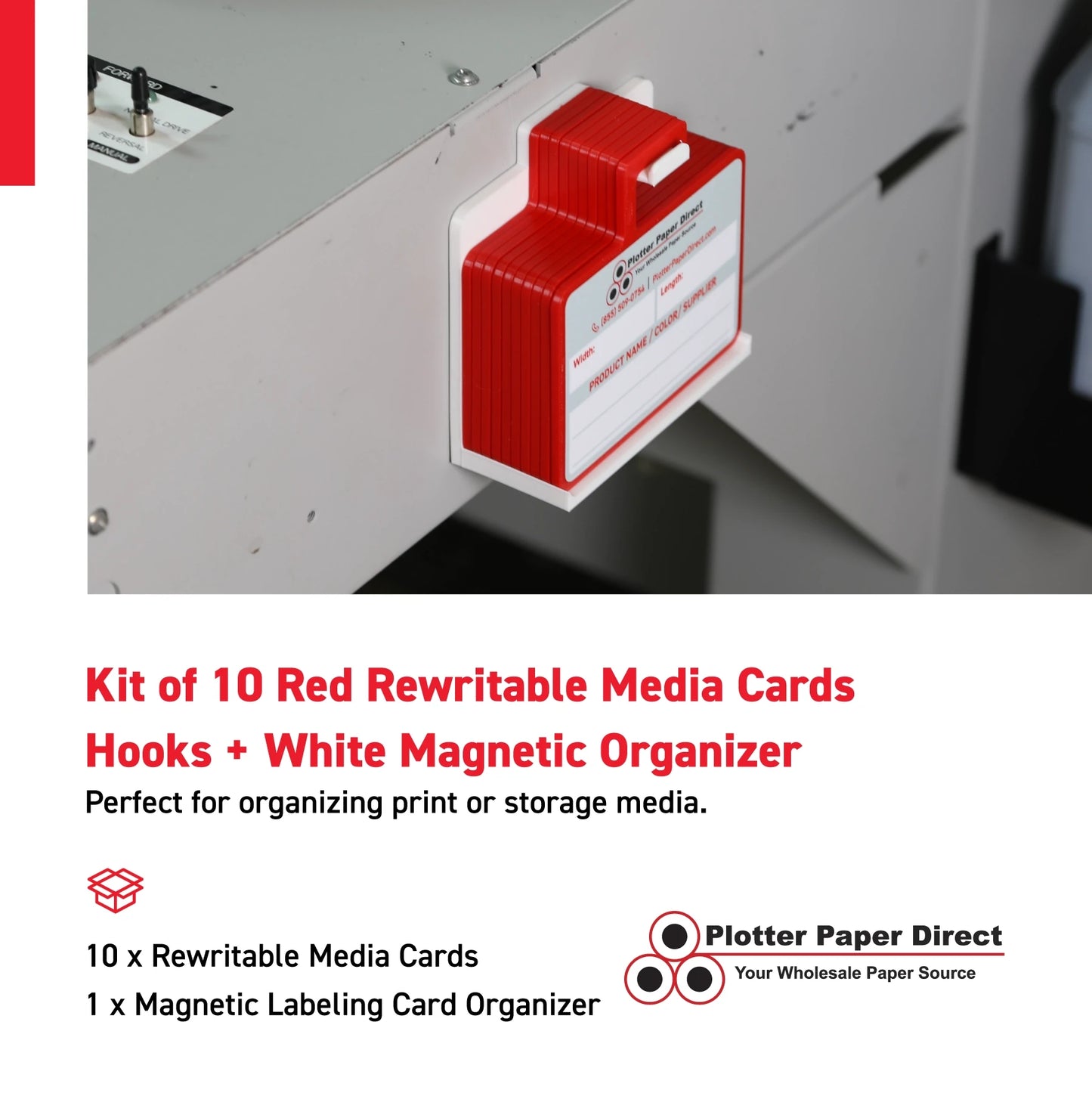 Kit of 10 Red Rewritable MediaCards Hooks + White Magnetic Wall Organizer – Dry-Erase Labeling Kit for Vinyl Roll Storage in Print & Sign Shops