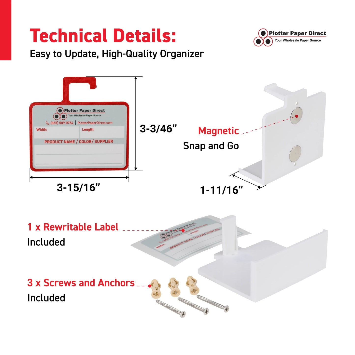 Kit of 10 Red Rewritable MediaCards Hooks + White Magnetic Wall Organizer – Dry-Erase Labeling Kit for Vinyl Roll Storage in Print & Sign Shops