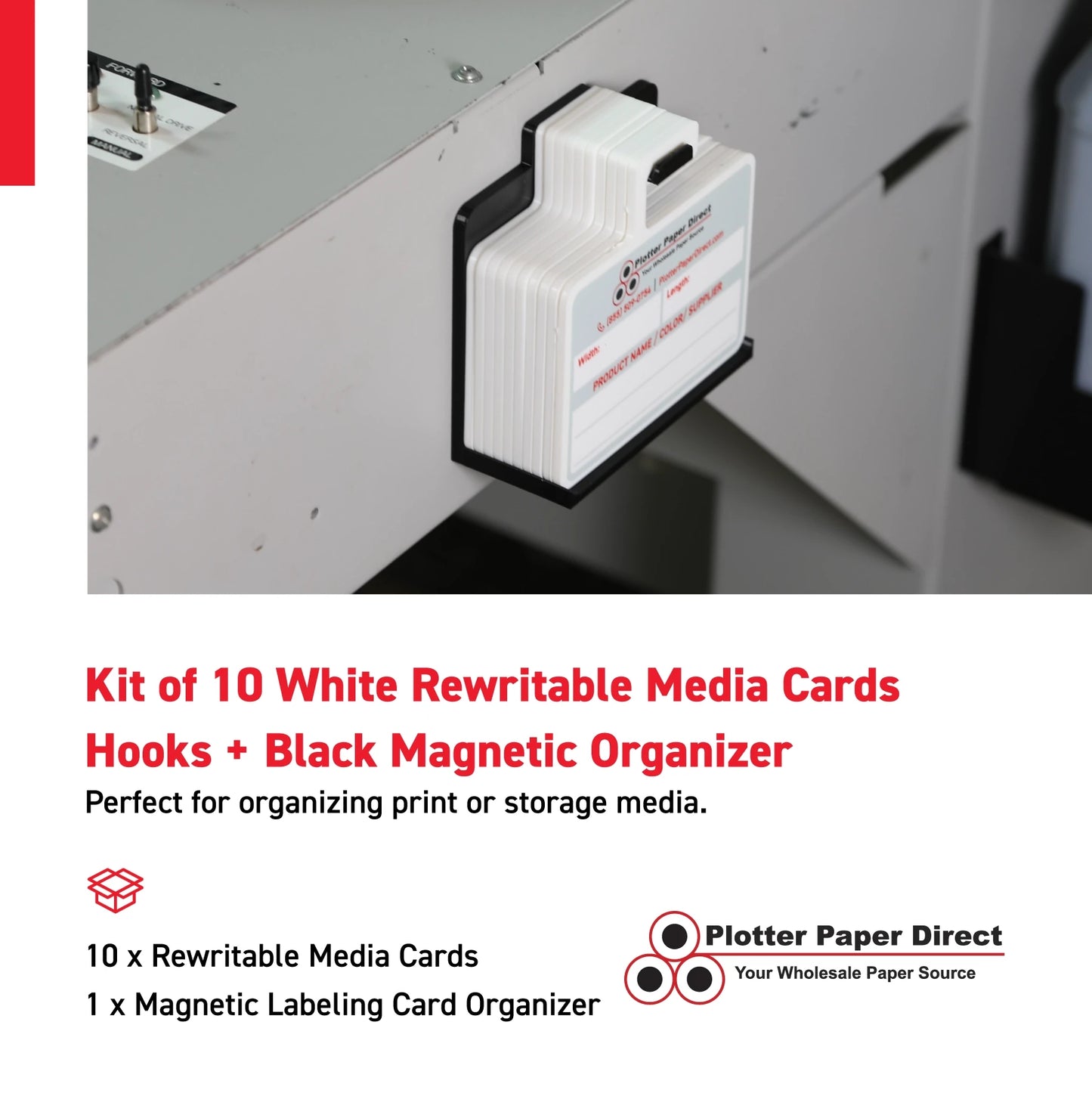 Kit of 10 White Rewritable MediaCards Hooks + Black Magnetic Wall Organizer – Dry-Erase Labeling Kit for Vinyl Roll Storage in Print & Sign Shops