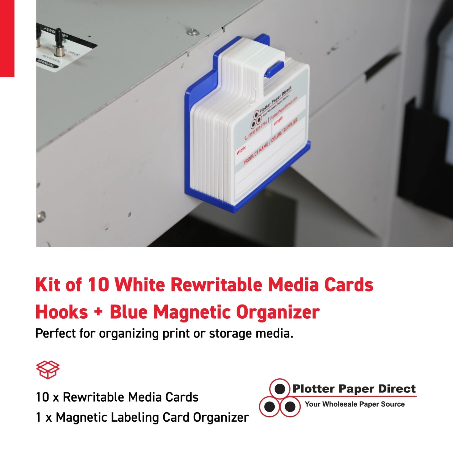 Kit of 10 White Rewritable MediaCards Hooks + Blue Magnetic Wall Organizer – Dry-Erase Labeling Kit for Vinyl Roll Storage in Print & Sign Shops