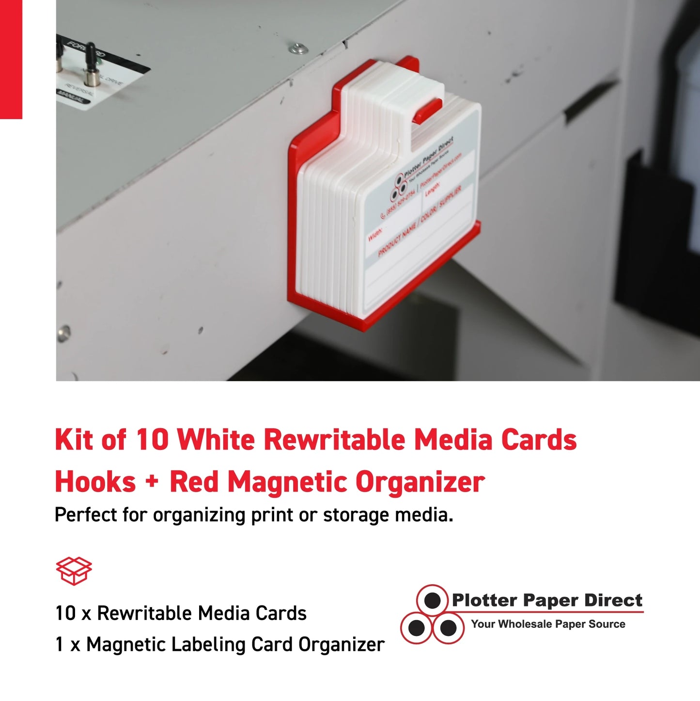 Kit of 10 White Rewritable MediaCards Hooks + Red Magnetic Wall Organizer – Dry-Erase Labeling Kit for Vinyl Roll Storage in Print & Sign Shops
