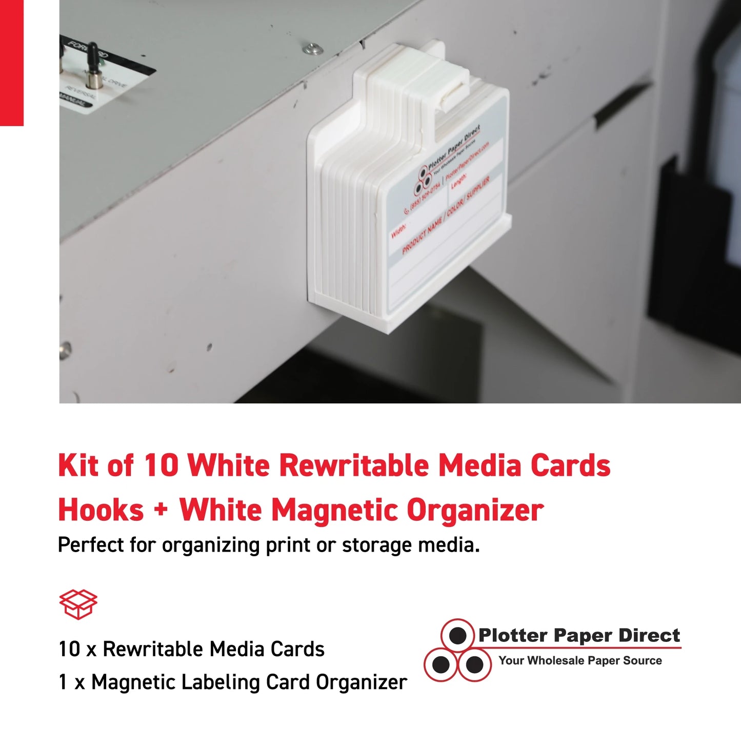 Kit of 10 White Rewritable MediaCards Hooks + White Magnetic Wall Organizer – Dry-Erase Labeling Kit for Vinyl Roll Storage in Print & Sign Shops