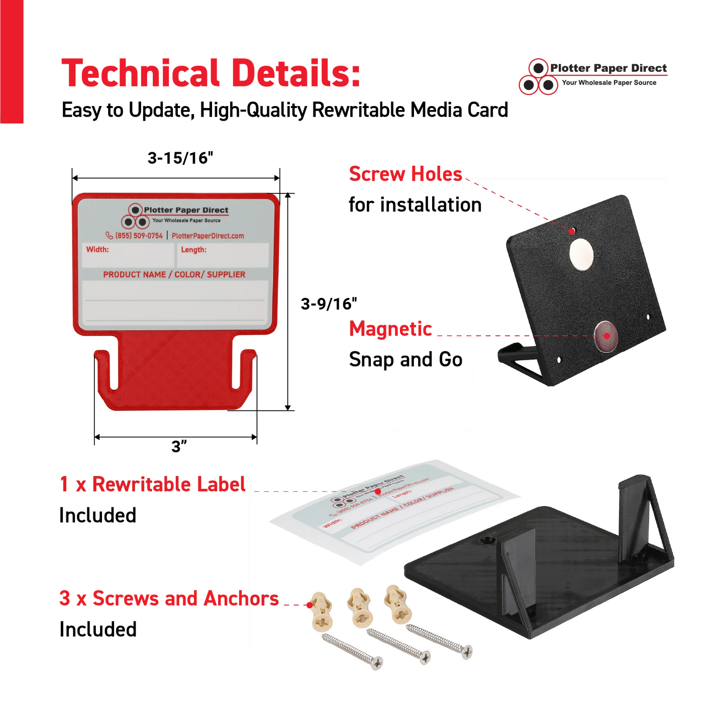 Red MediaCards Kit for Vinyl Roll Storage – 10 Writable Double-Sided Cards for 3" Core Rolls with Black Magnetic Organizer – Label & Track Media Easily
