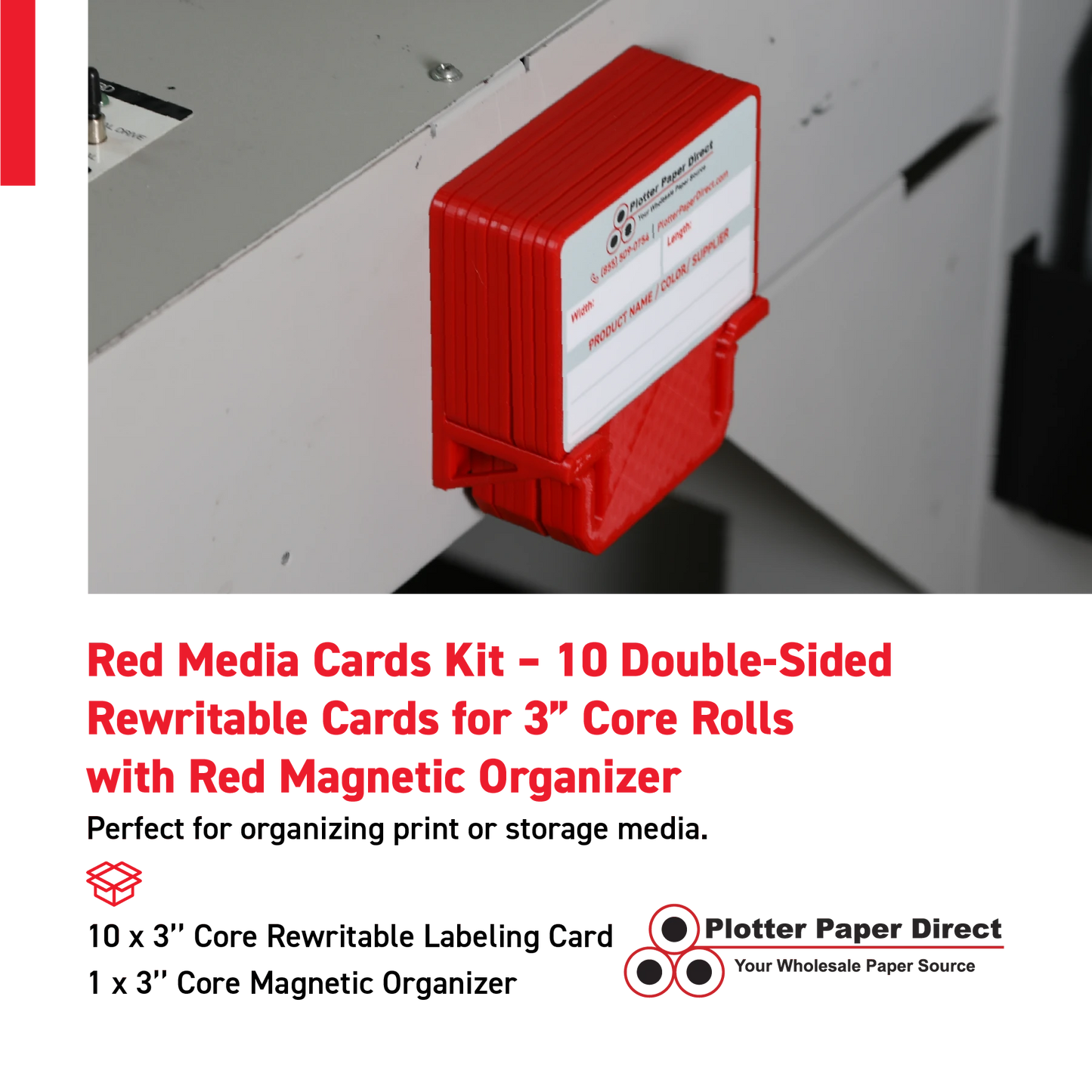 Red MediaCards Kit for Vinyl Roll Storage – 10 Writable Double-Sided Cards for 3" Core Rolls with Red Magnetic Organizer – Label & Track Media Easily