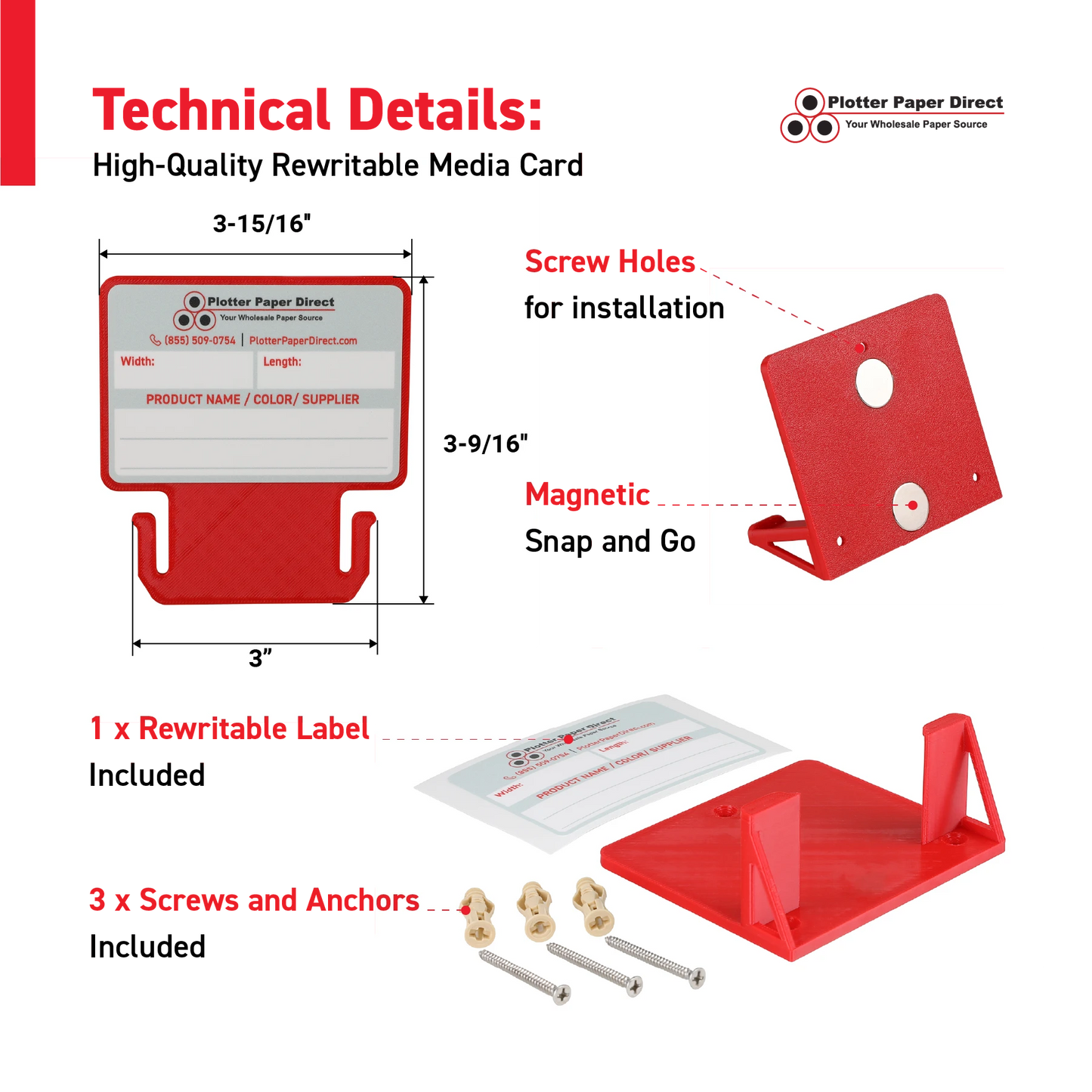 Red MediaCards Kit for Vinyl Roll Storage – 10 Writable Double-Sided Cards for 3" Core Rolls with Red Magnetic Organizer – Label & Track Media Easily